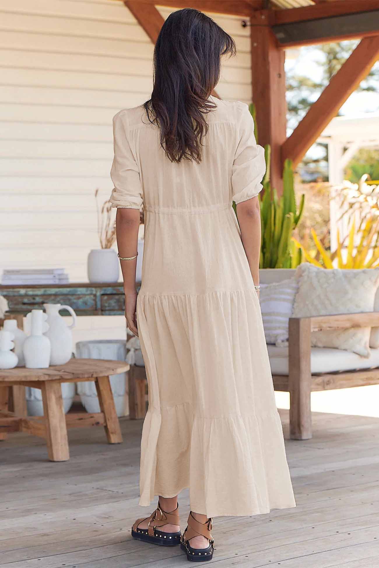 Solid Button Down Tiered Half Sleeve Dress