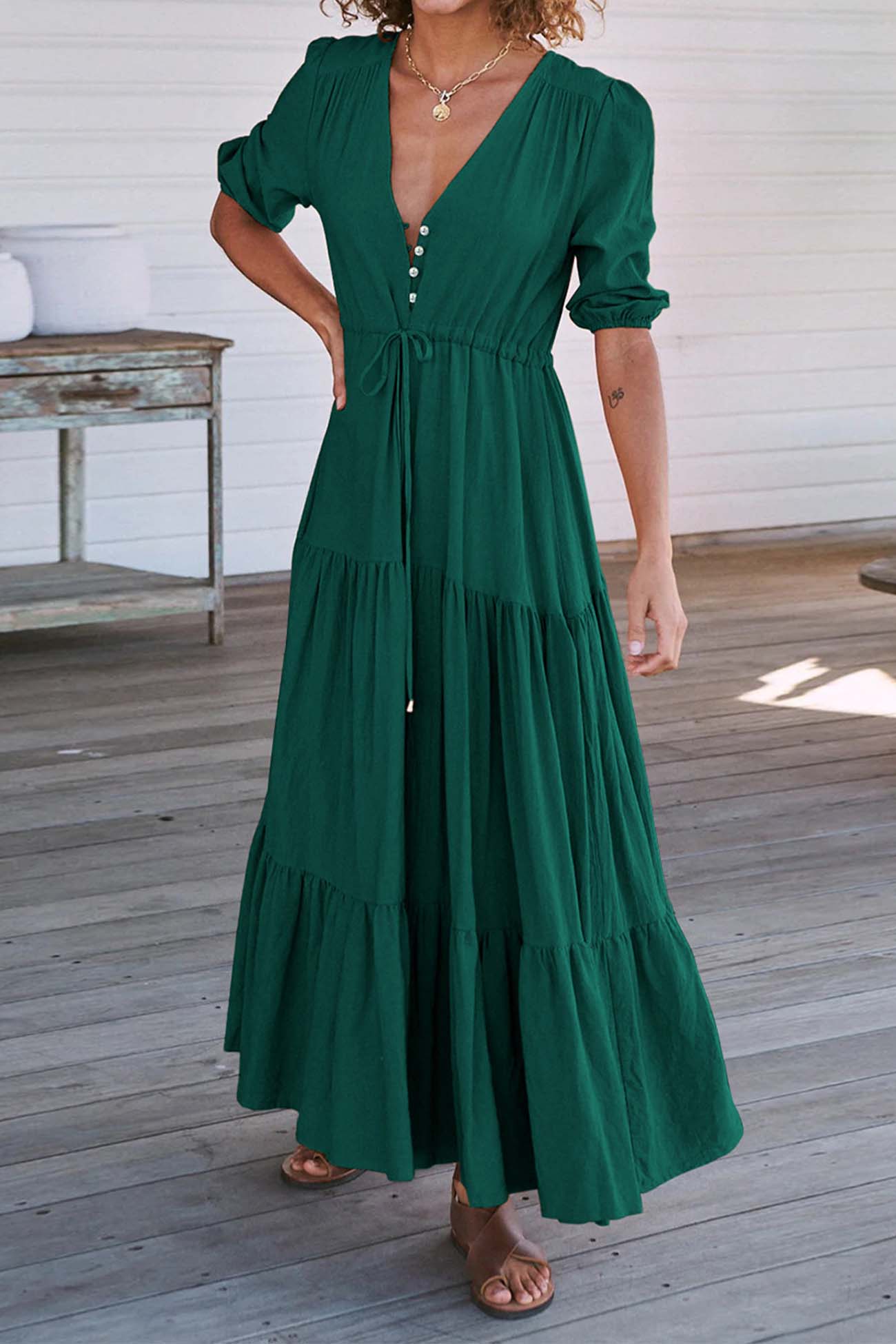 Solid Button Down Tiered Half Sleeve Dress