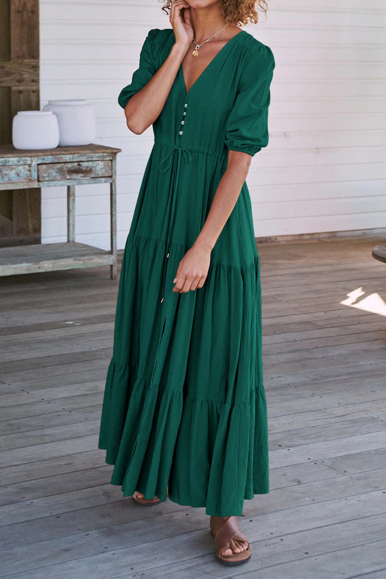 Solid Button Down Tiered Half Sleeve Dress