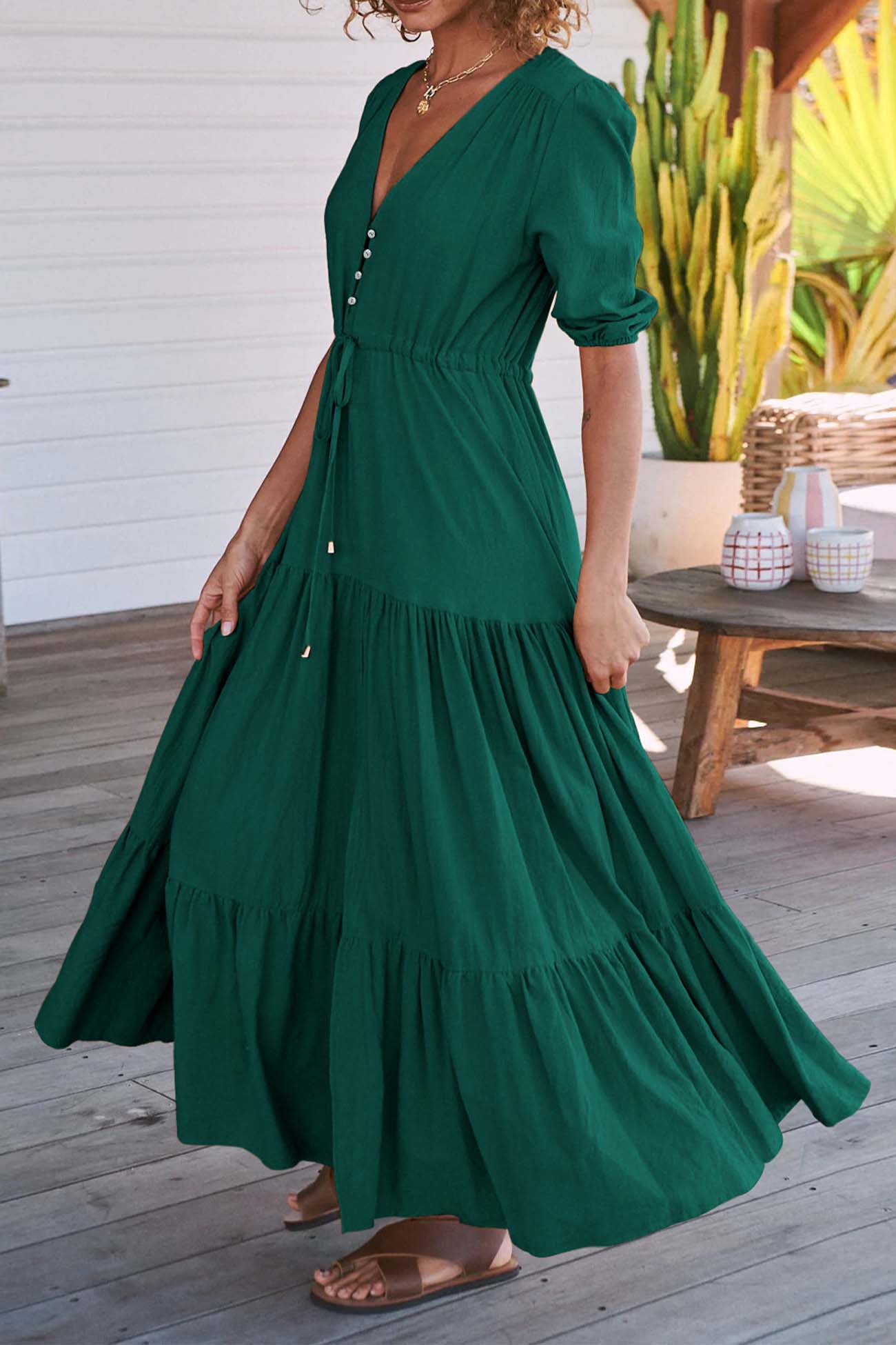 Solid Button Down Tiered Half Sleeve Dress