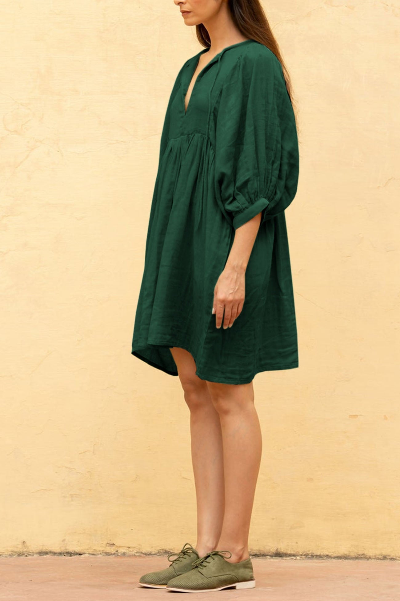 Solid Color Lantern Sleeve V Neck Mini Dress