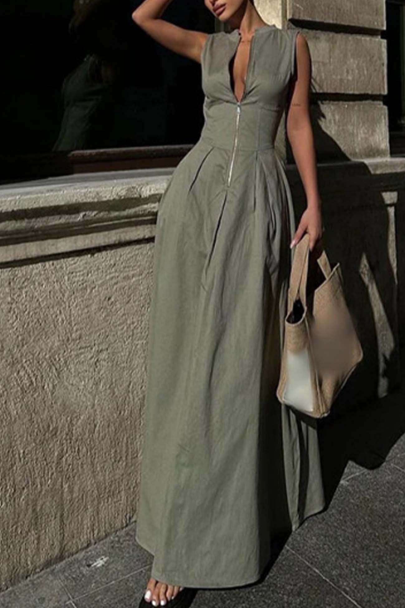 Solid Color Zipper Sleeveless Maxi Dress