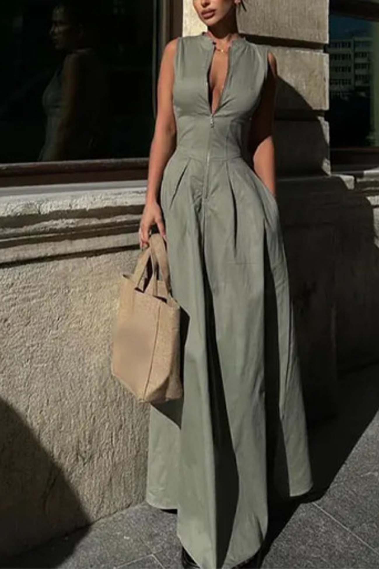 Solid Color Zipper Sleeveless Maxi Dress