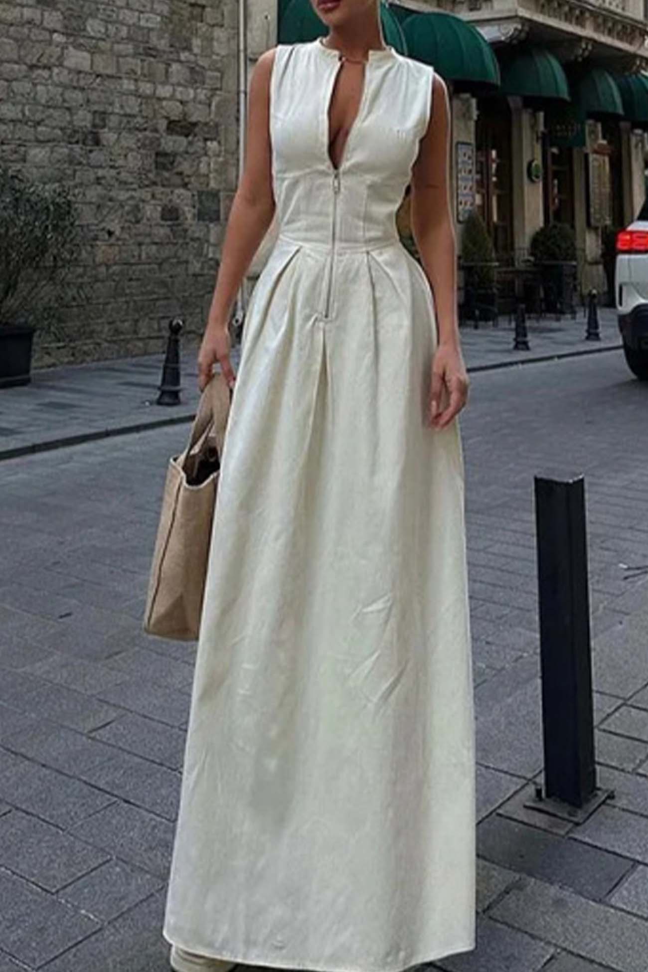 Solid Color Zipper Sleeveless Maxi Dress