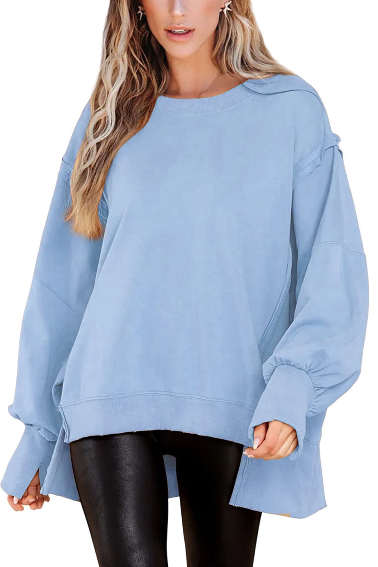 Solid Crew Neck Long Sleeve Slit Sweatshirt