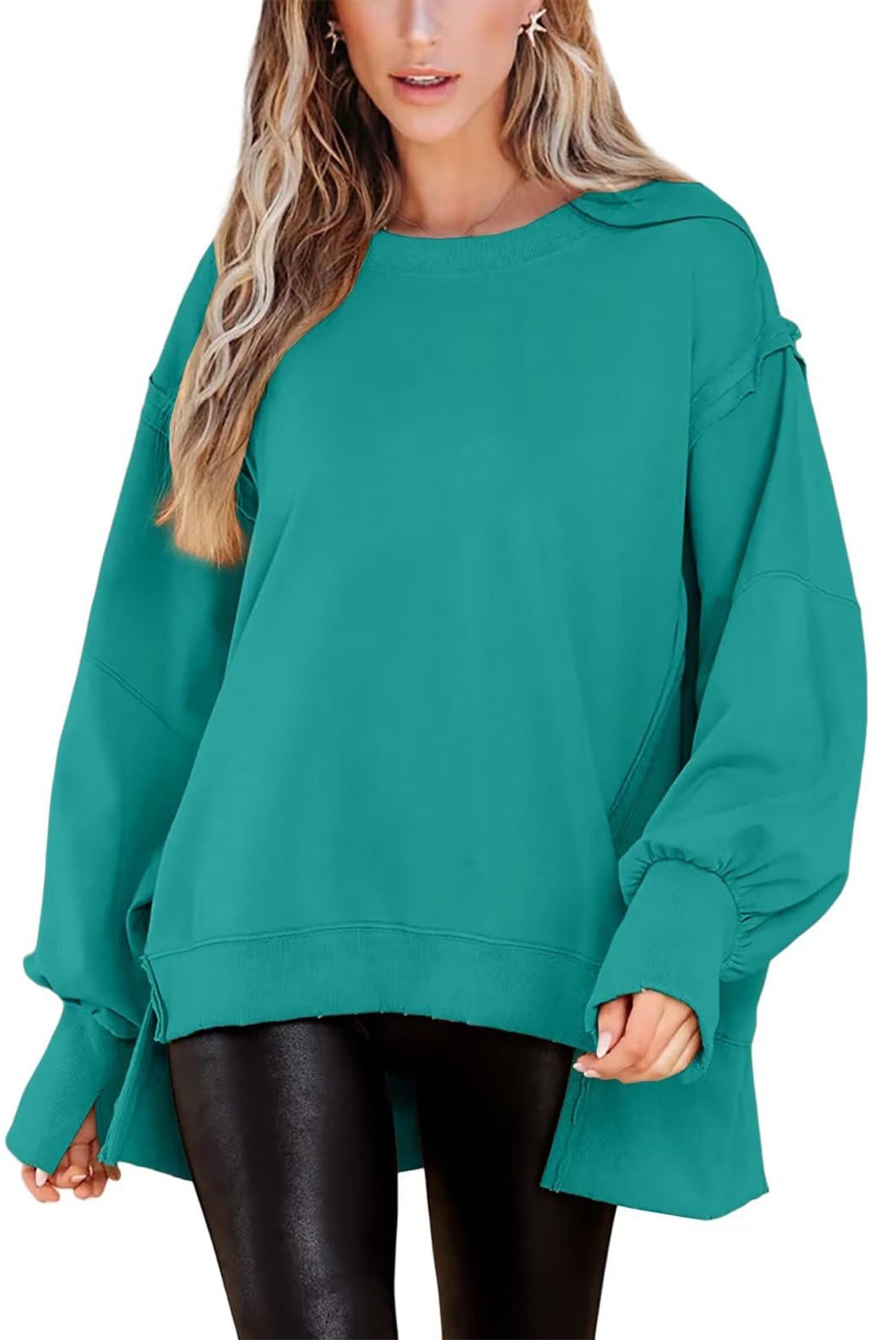 Solid Crew Neck Long Sleeve Slit Sweatshirt