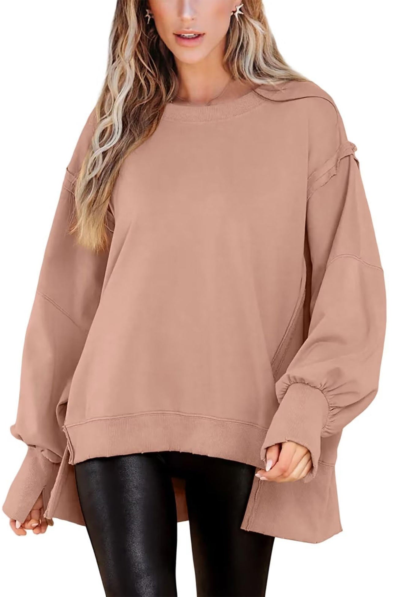 Solid Crew Neck Long Sleeve Slit Sweatshirt