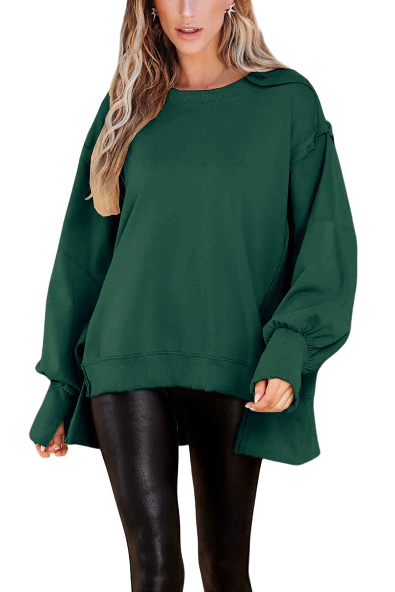 Solid Crew Neck Long Sleeve Slit Sweatshirt