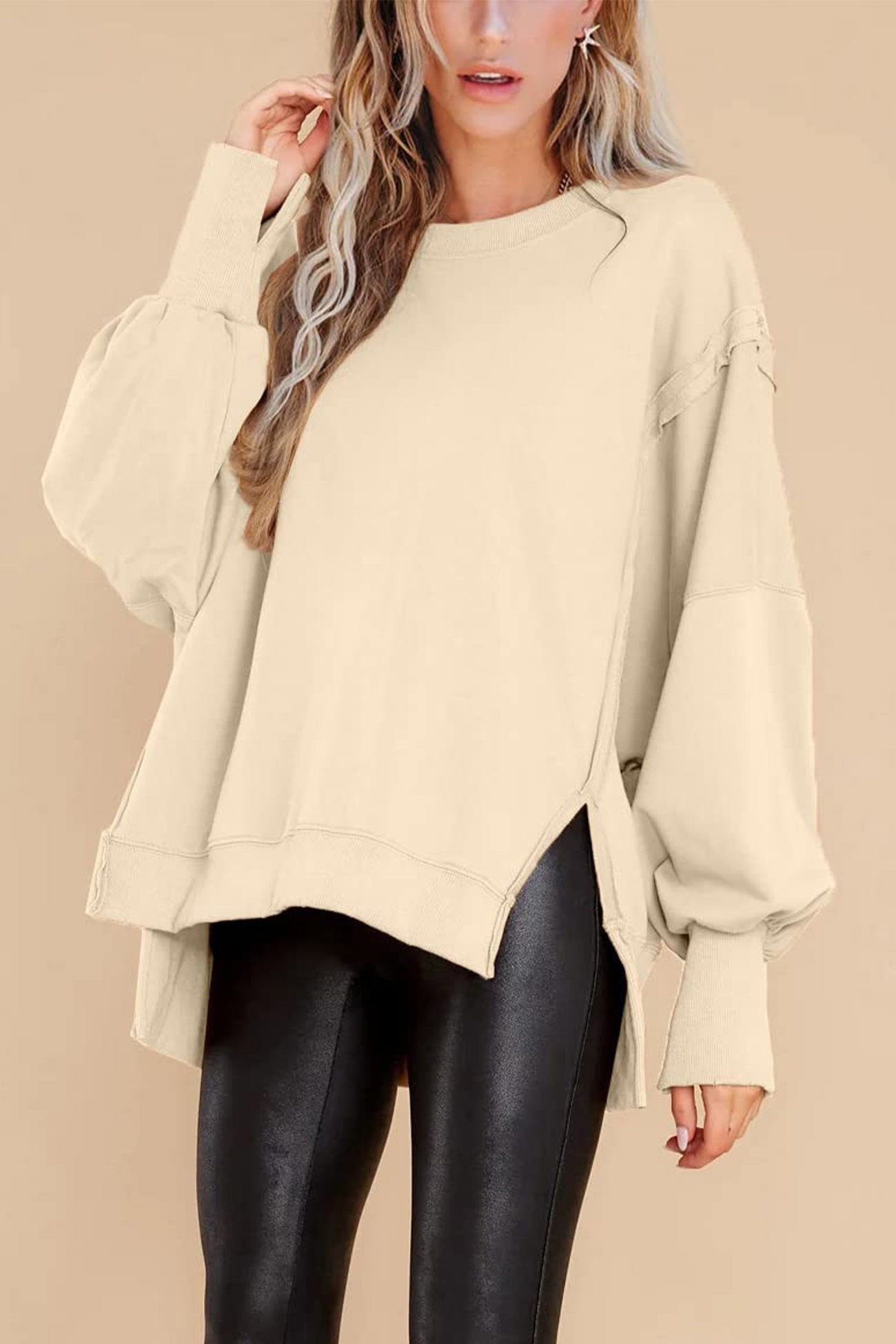 Solid Crew Neck Long Sleeve Slit Sweatshirt