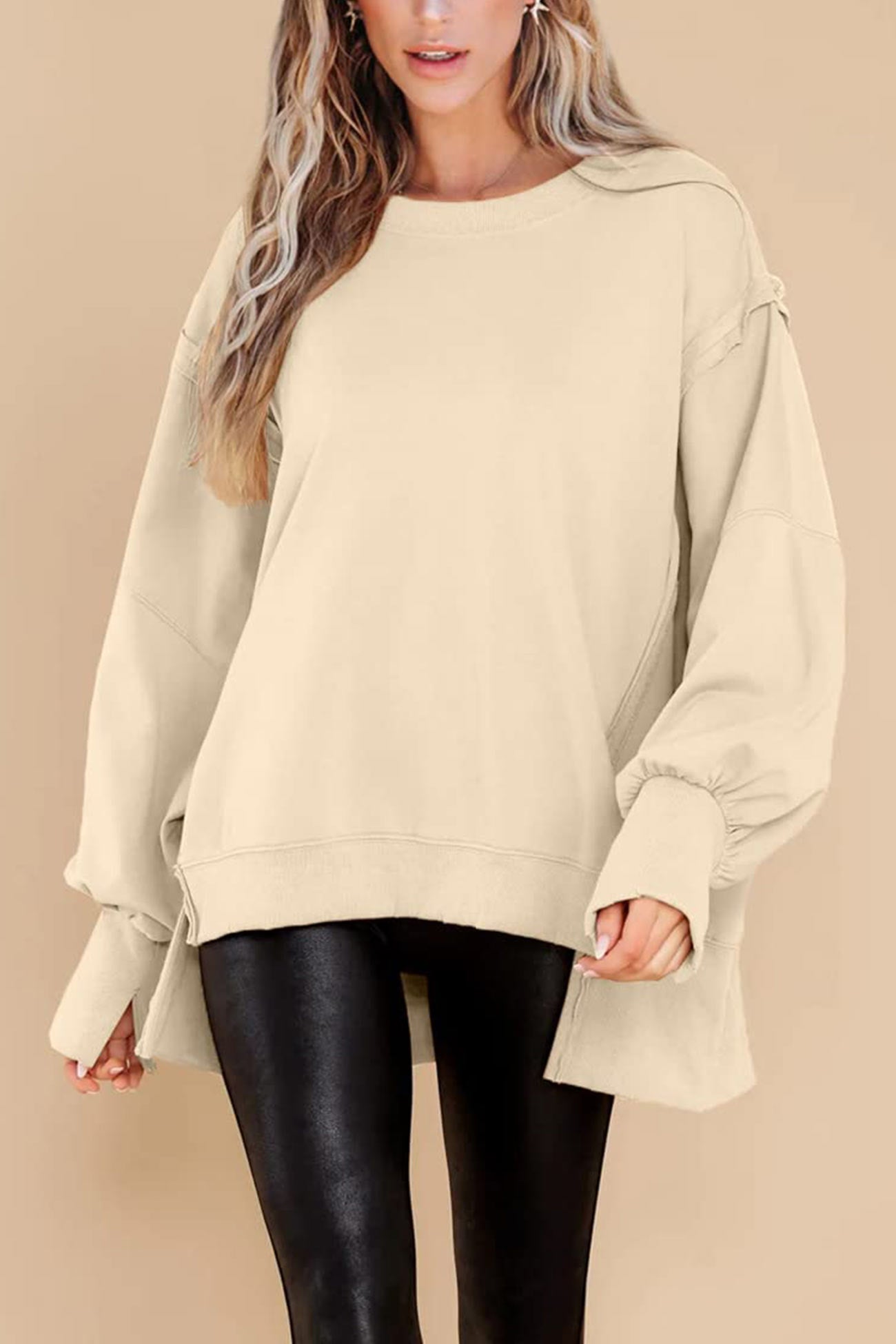 Solid Crew Neck Long Sleeve Slit Sweatshirt