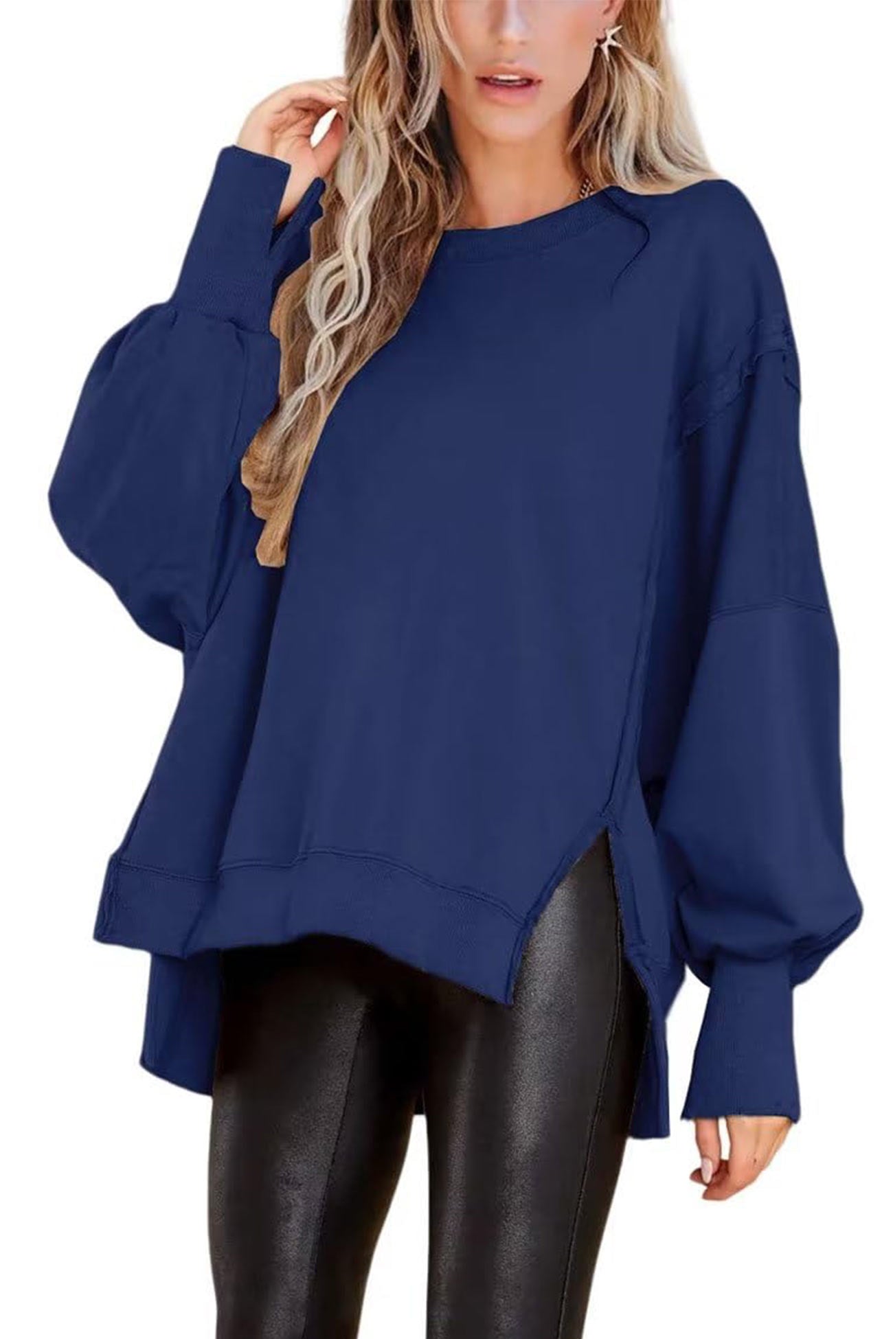 Solid Crew Neck Long Sleeve Slit Sweatshirt