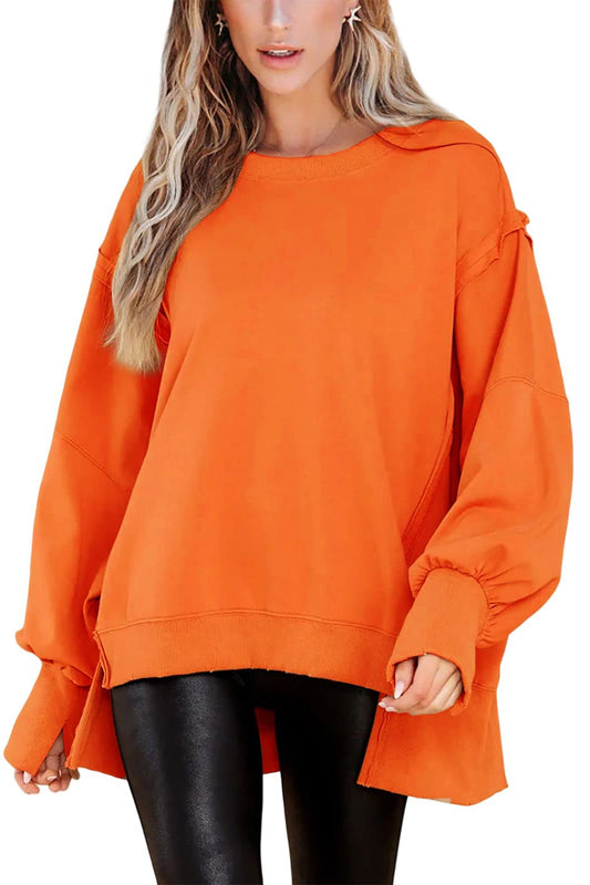 Solid Crew Neck Long Sleeve Slit Sweatshirt