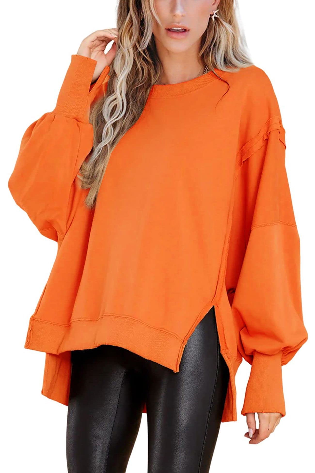 Solid Crew Neck Long Sleeve Slit Sweatshirt