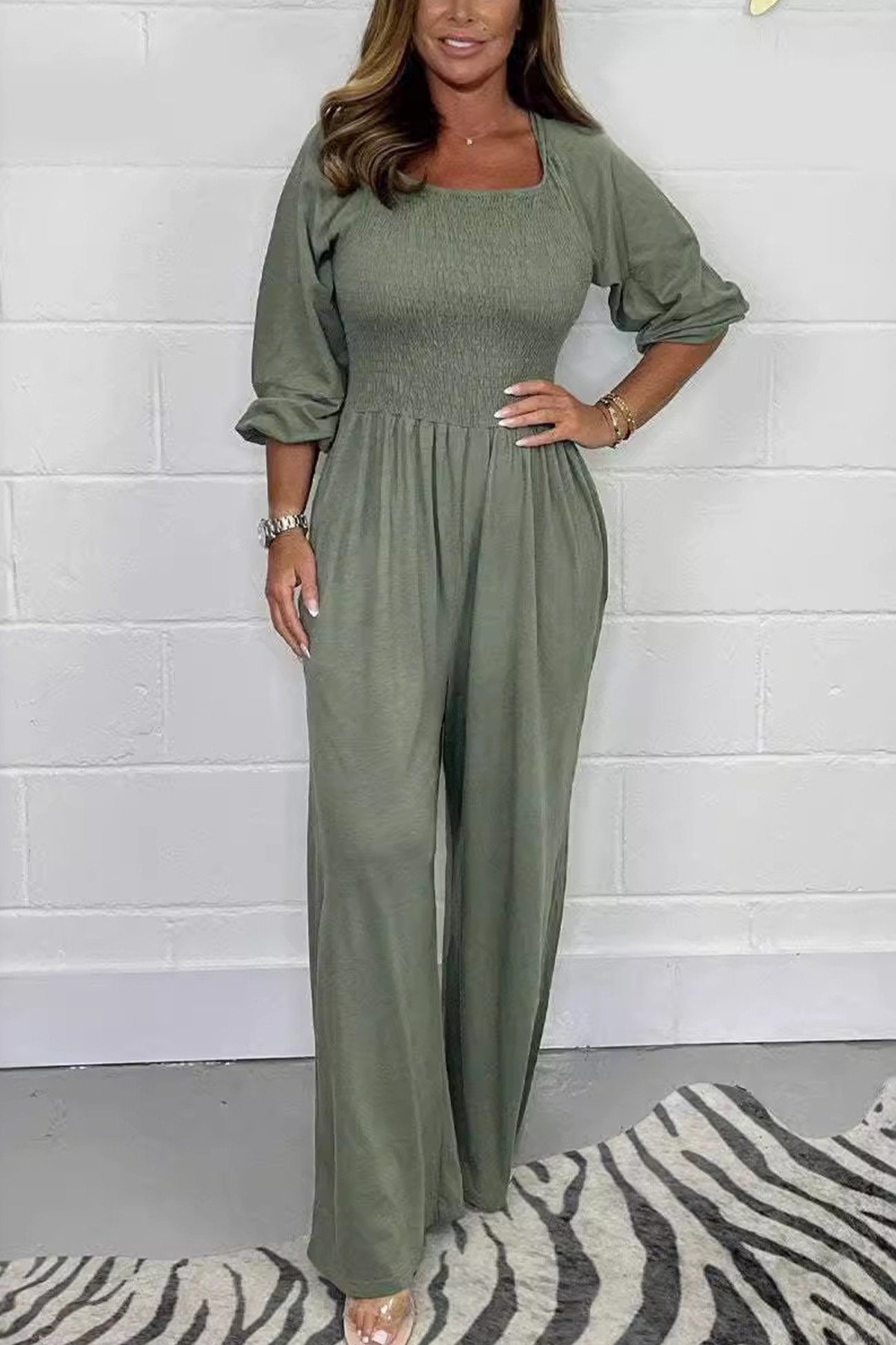 Square Neck Smocked Jumpsuits