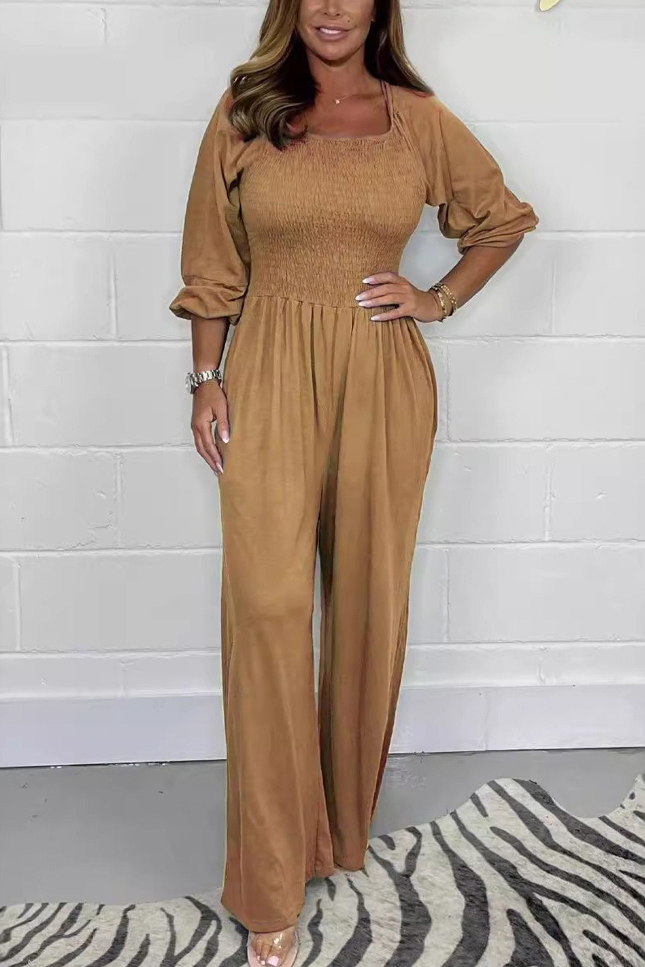 Square Neck Smocked Jumpsuits