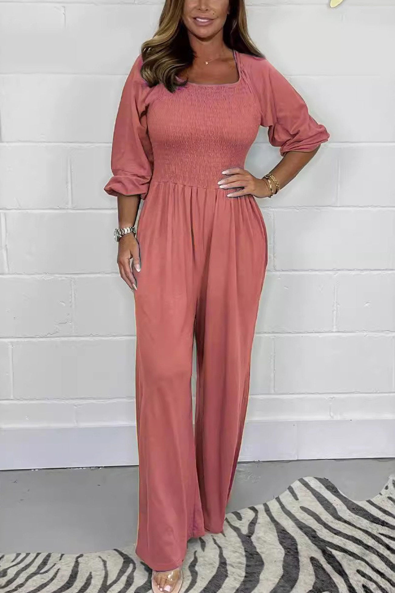 Square Neck Smocked Jumpsuits