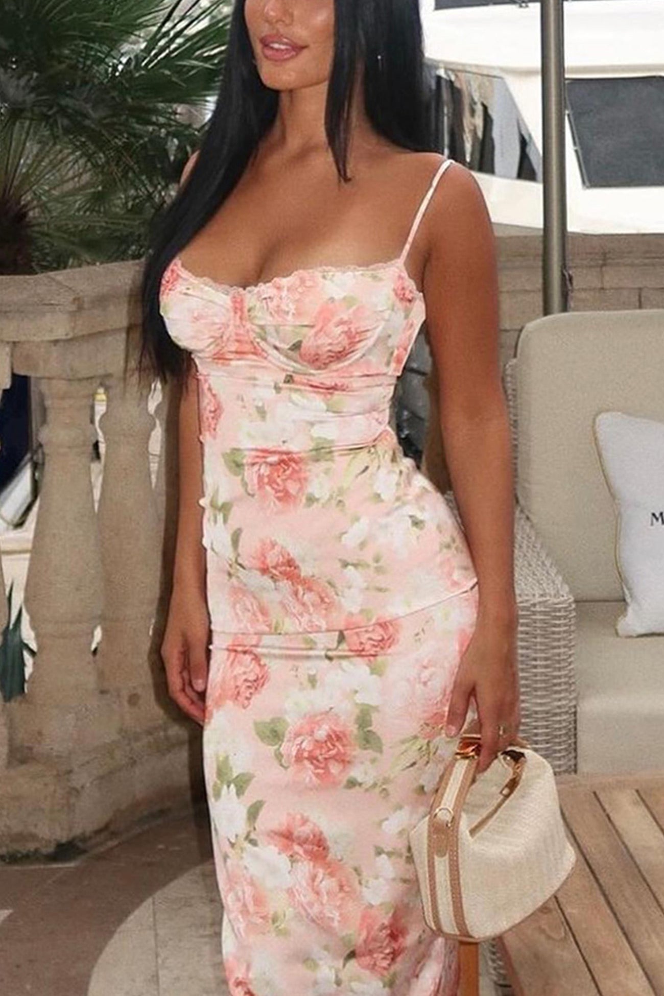 Pink Floral Print LaceWork Slit Cami Dress