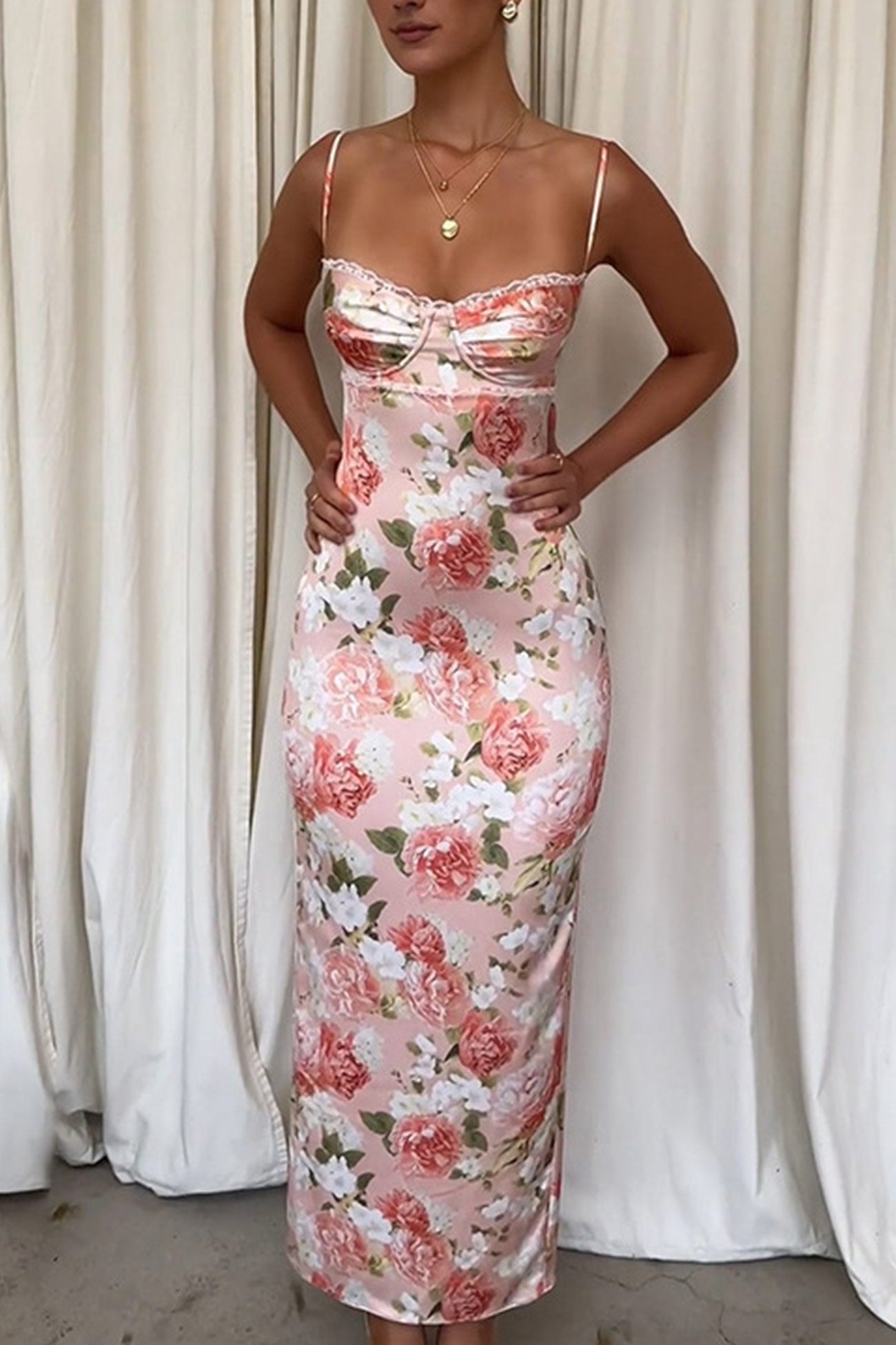 Pink Floral Print LaceWork Slit Cami Dress