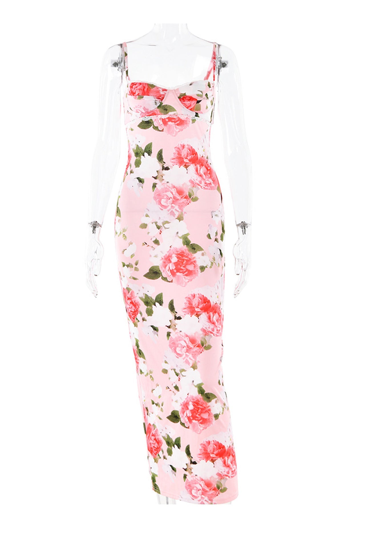 Pink Floral Print LaceWork Slit Cami Dress