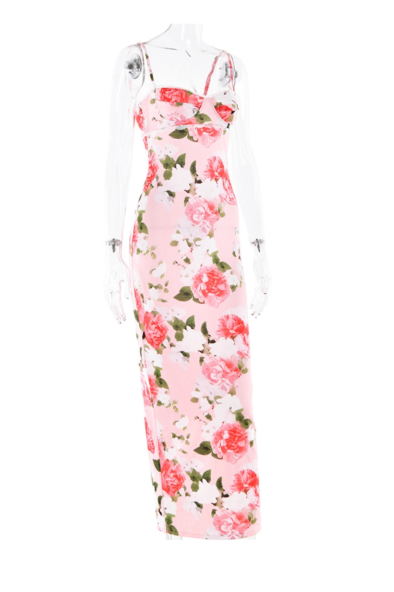 Pink Floral Print LaceWork Slit Cami Dress