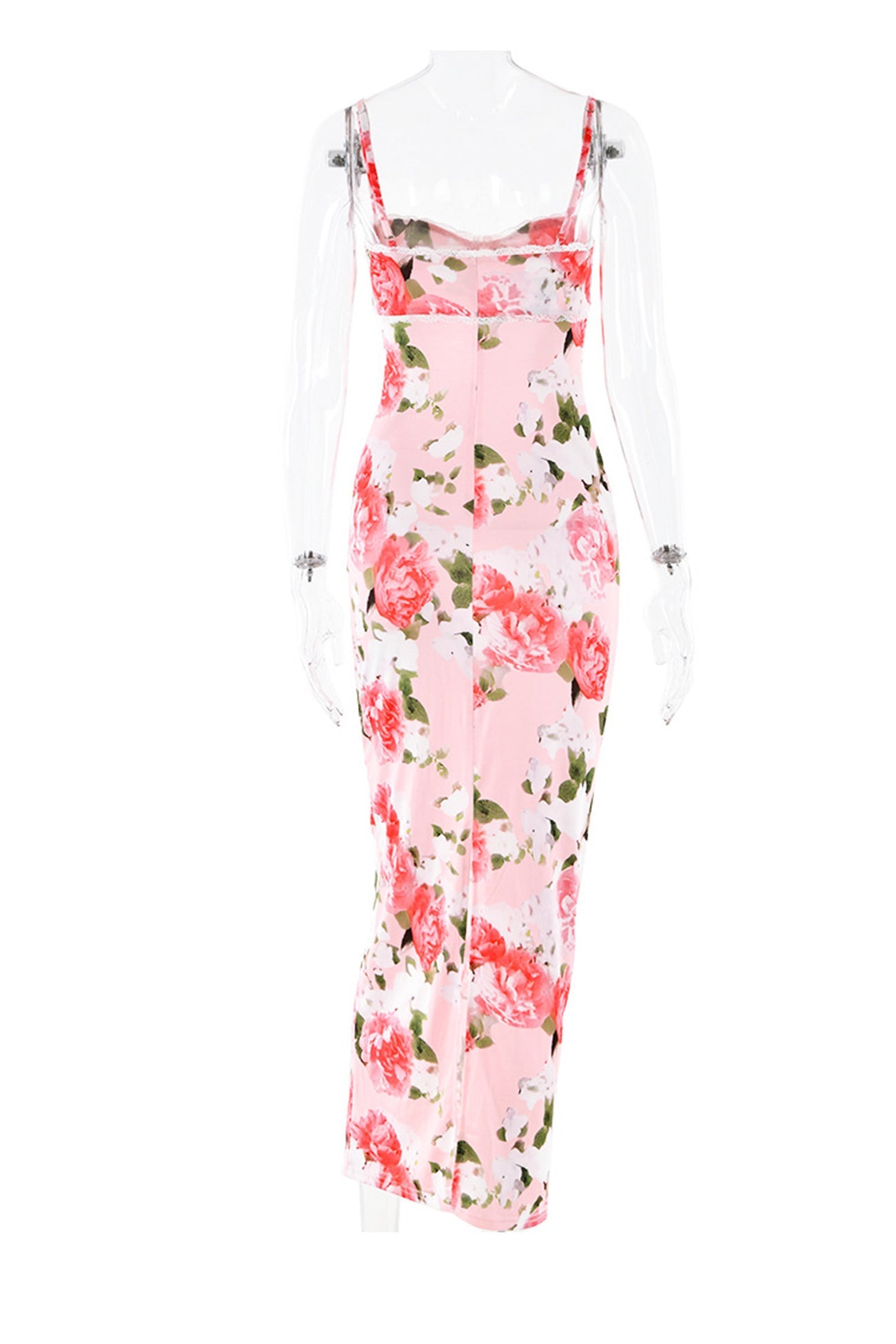 Pink Floral Print LaceWork Slit Cami Dress