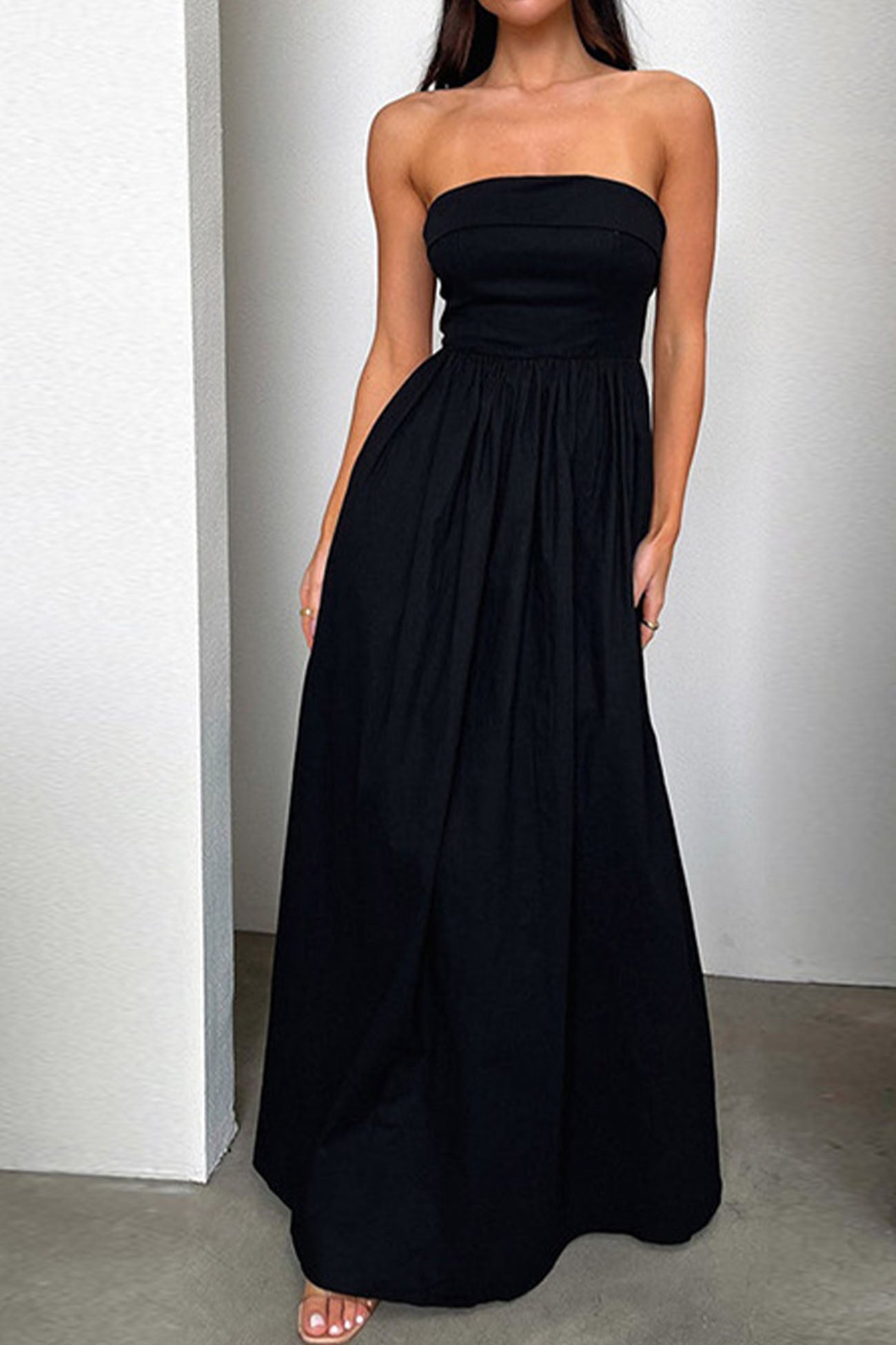 Strapless Pleated Back Shirred Maxi Dress