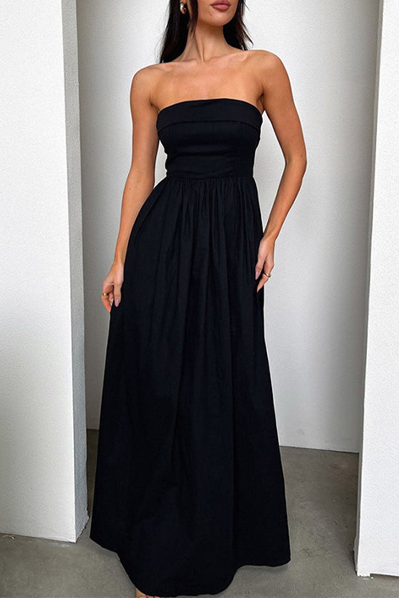 Strapless Pleated Back Shirred Maxi Dress