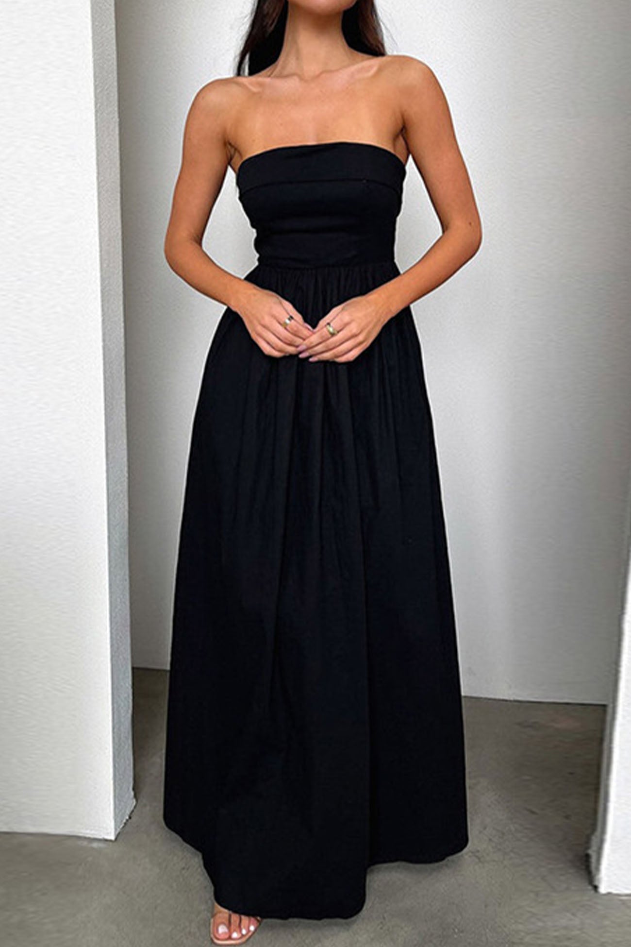 Strapless Pleated Back Shirred Maxi Dress