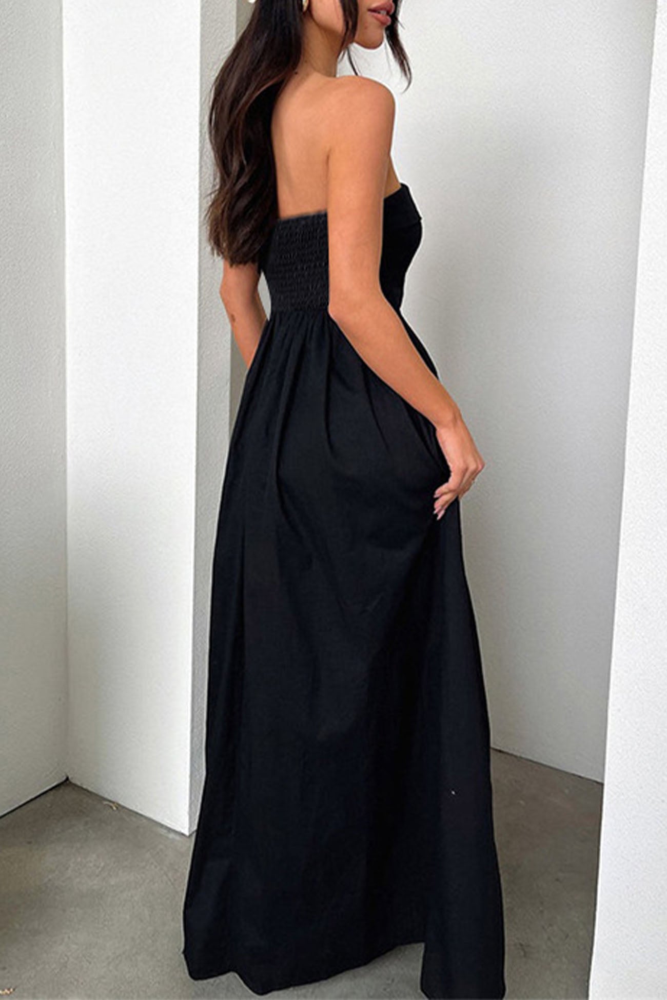 Strapless Pleated Back Shirred Maxi Dress