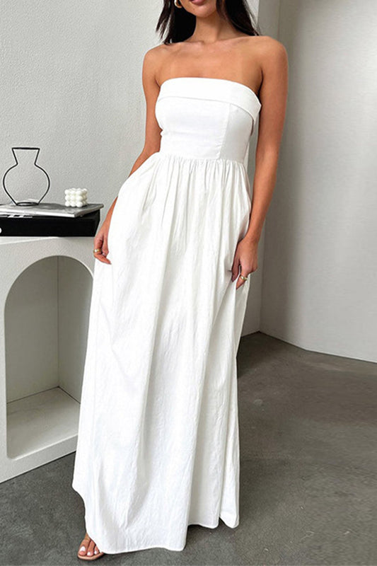 Strapless Pleated Back Shirred Maxi Dress