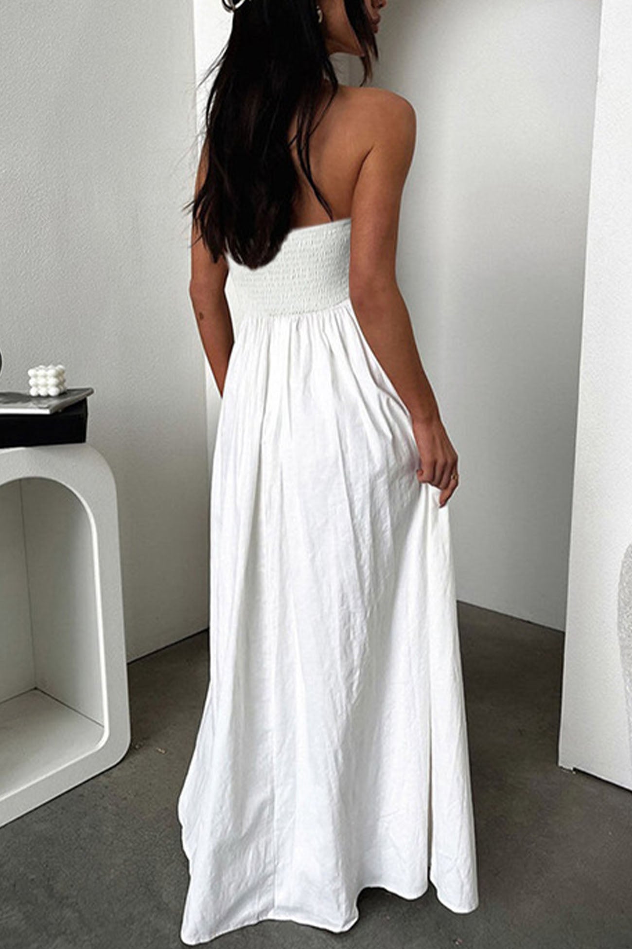 Strapless Pleated Back Shirred Maxi Dress