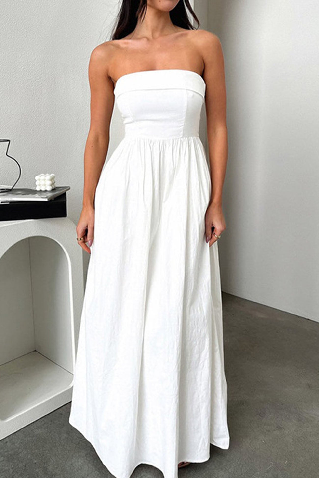 Strapless Pleated Back Shirred Maxi Dress