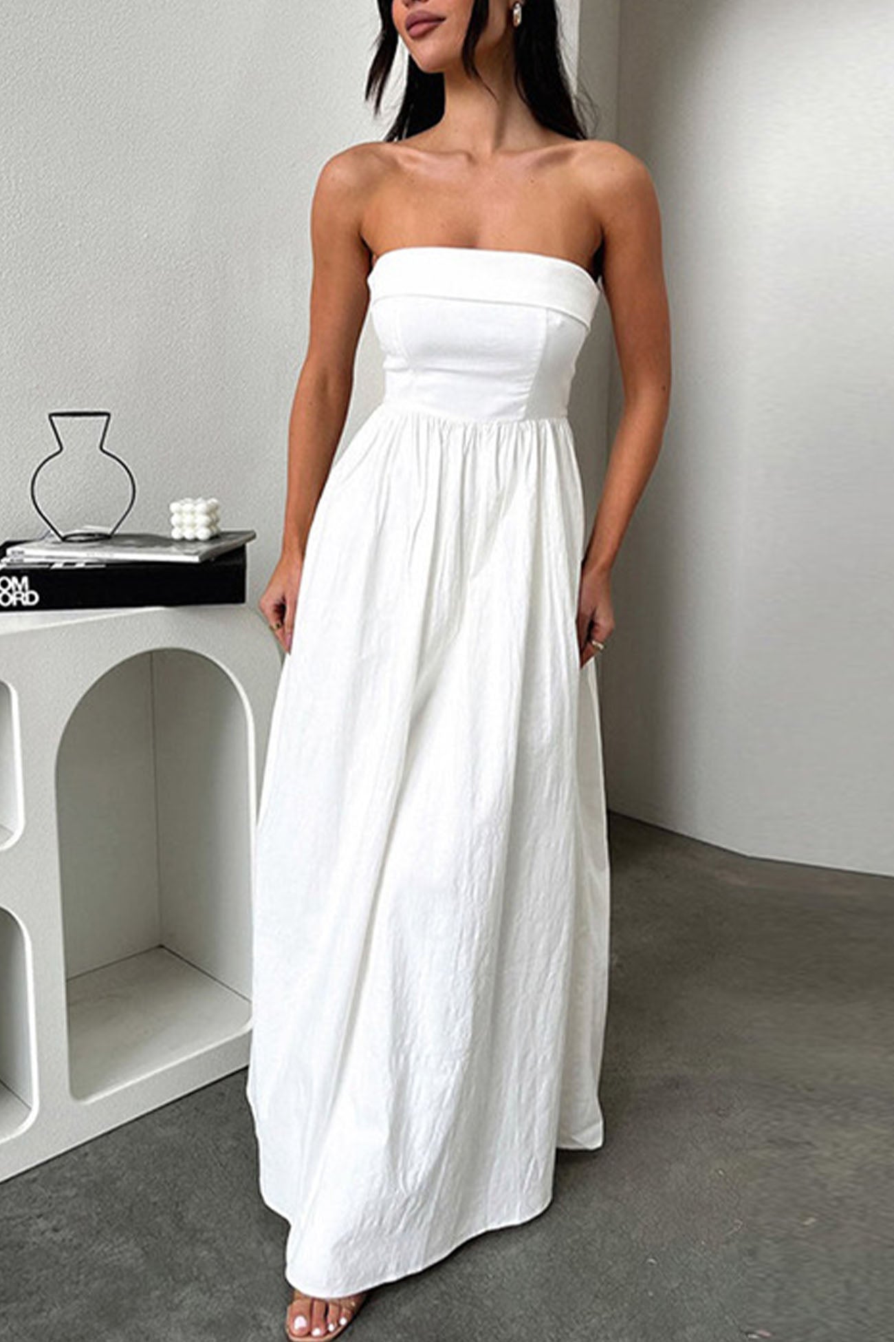 Strapless Pleated Back Shirred Maxi Dress