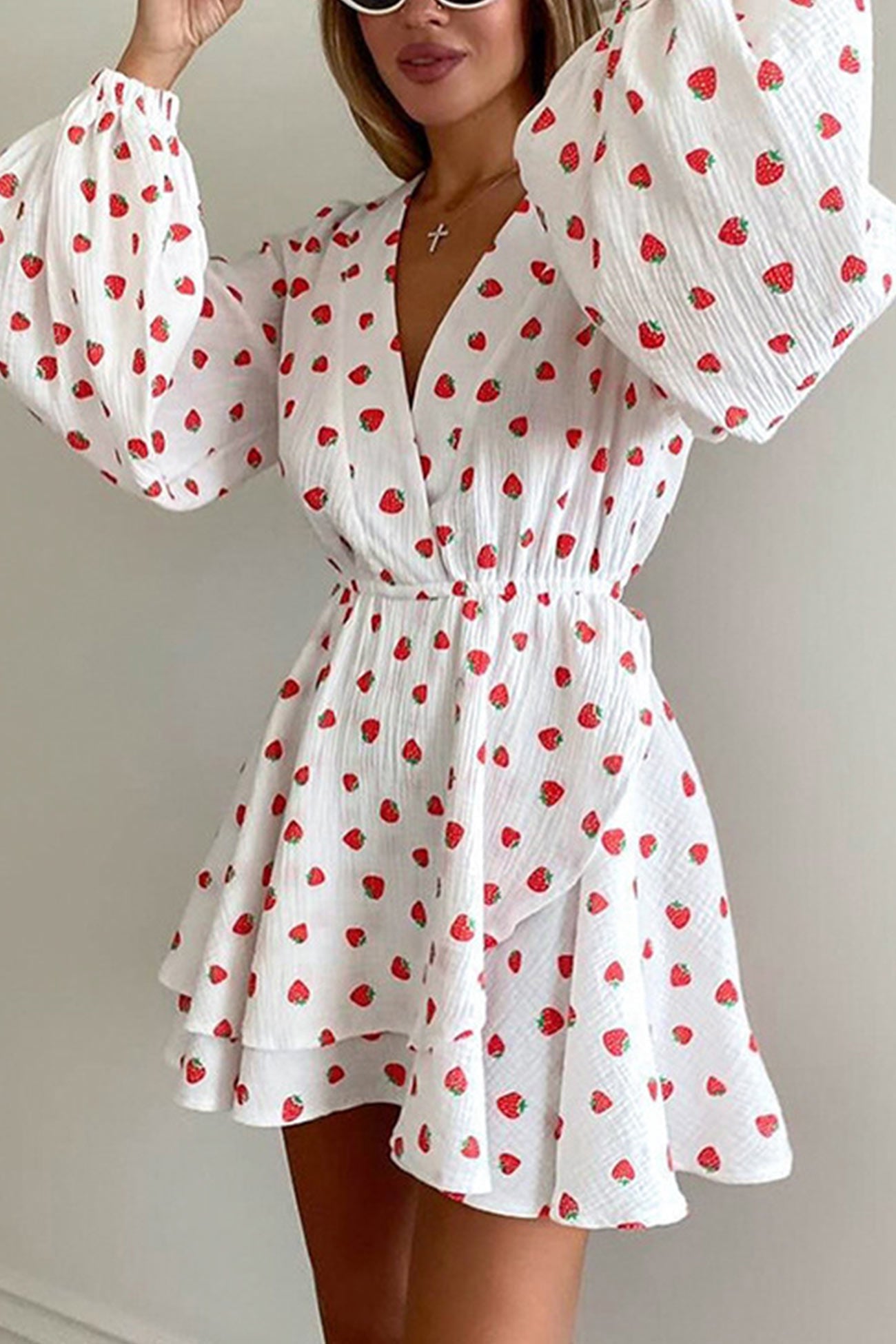 Strawberry Print Puff Sleeve Cotton Dress