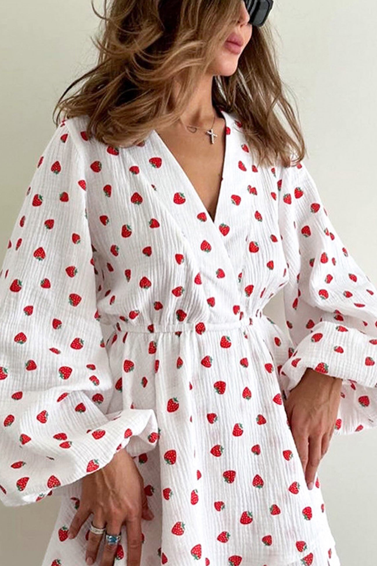 Strawberry Print Puff Sleeve Cotton Dress