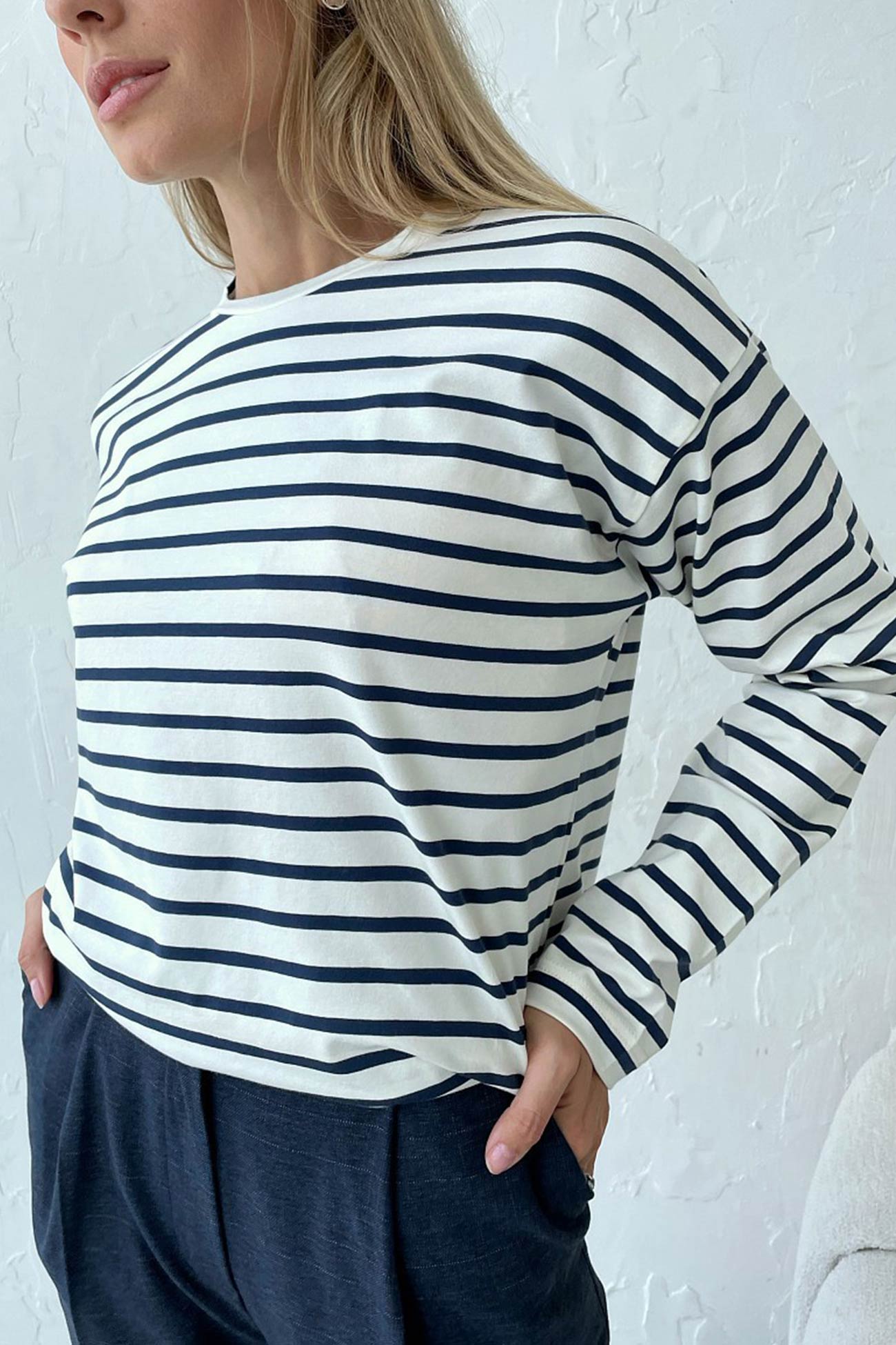 Striped Crew Neck Long Sleeve Cotton T-shirt