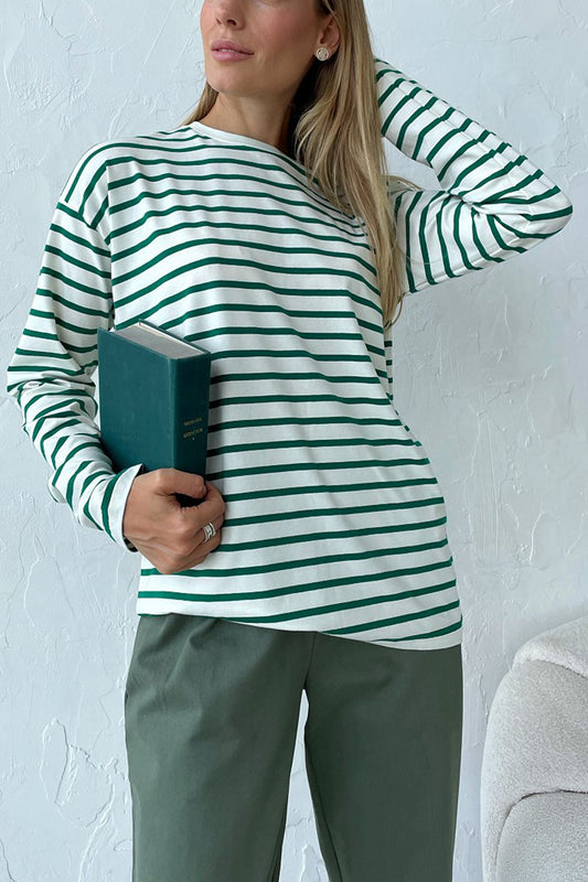 Striped Crew Neck Long Sleeve Cotton T-shirt