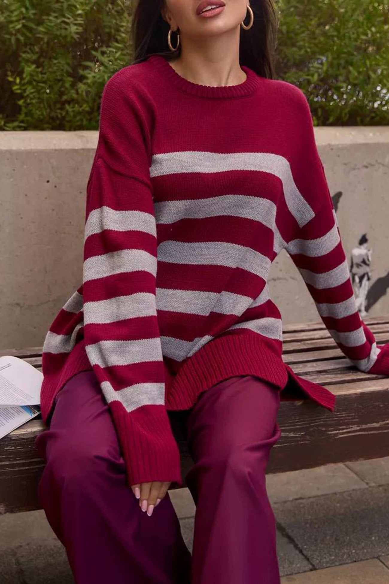 Striped Crewneck Slit Pullover