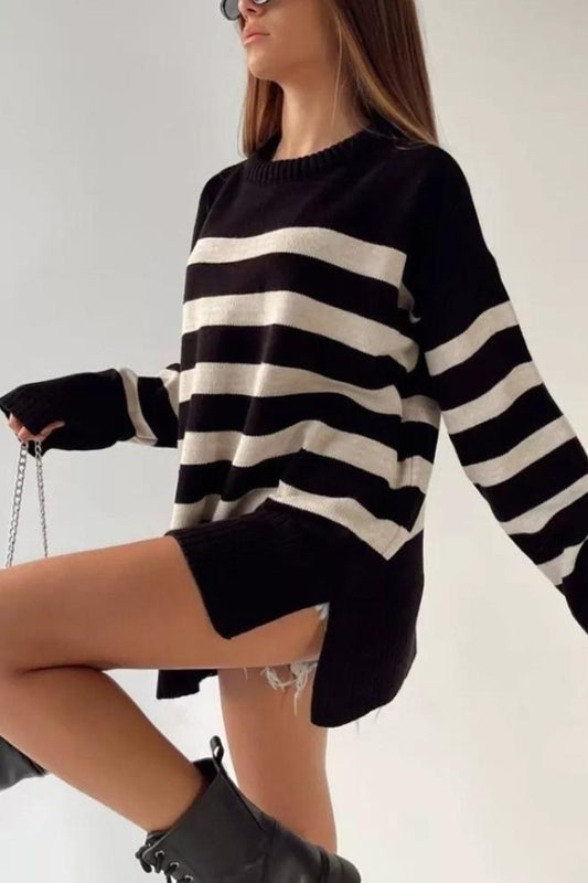 Striped Crewneck Slit Pullover