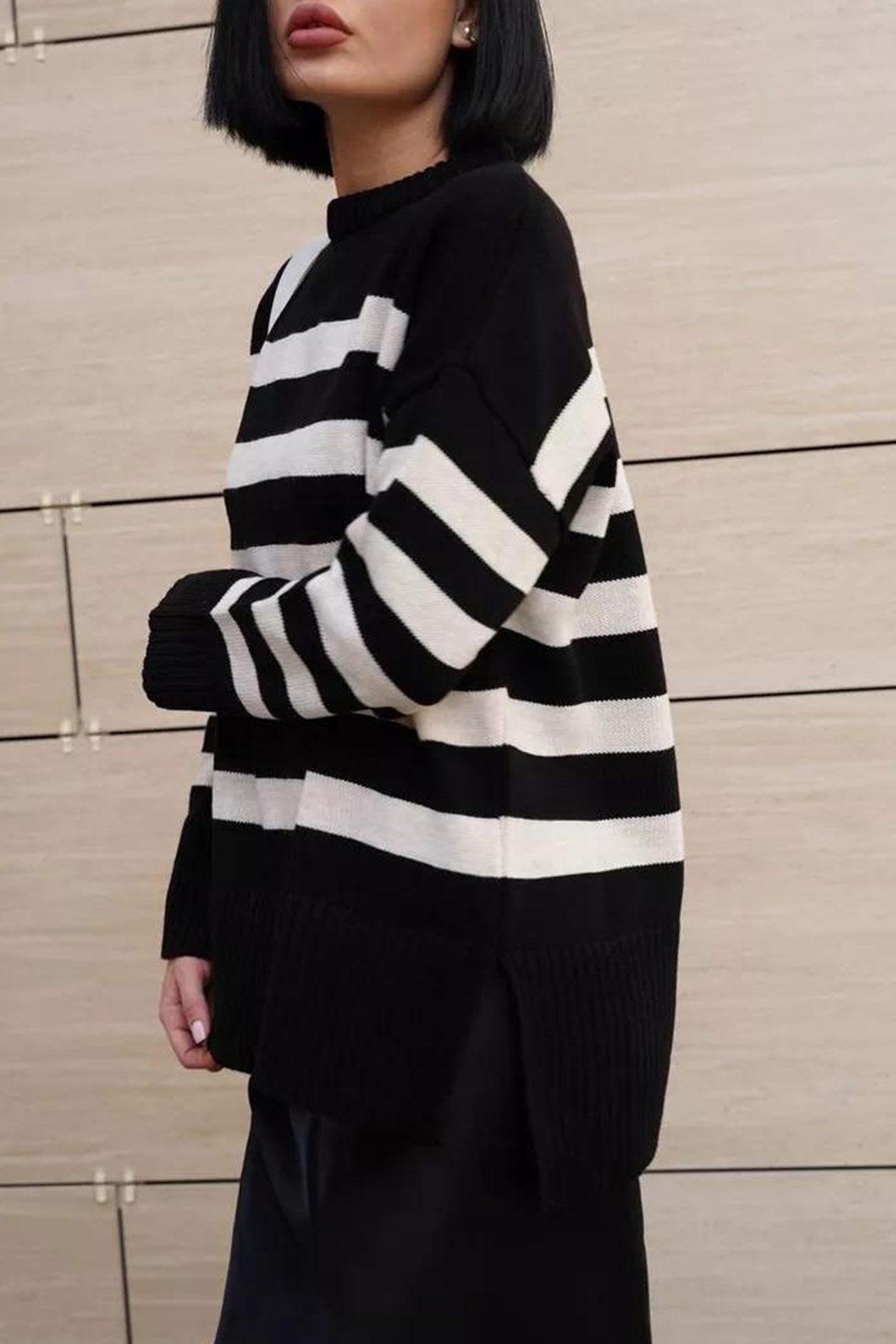 Striped Crewneck Slit Pullover