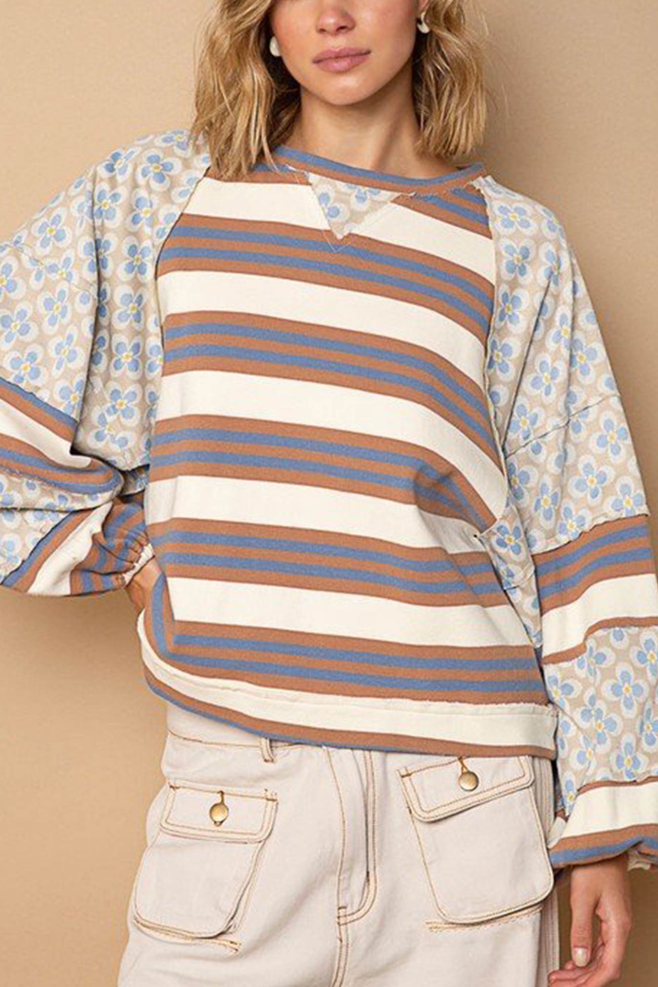 Striped Floral Print Cotton Sweatshirt