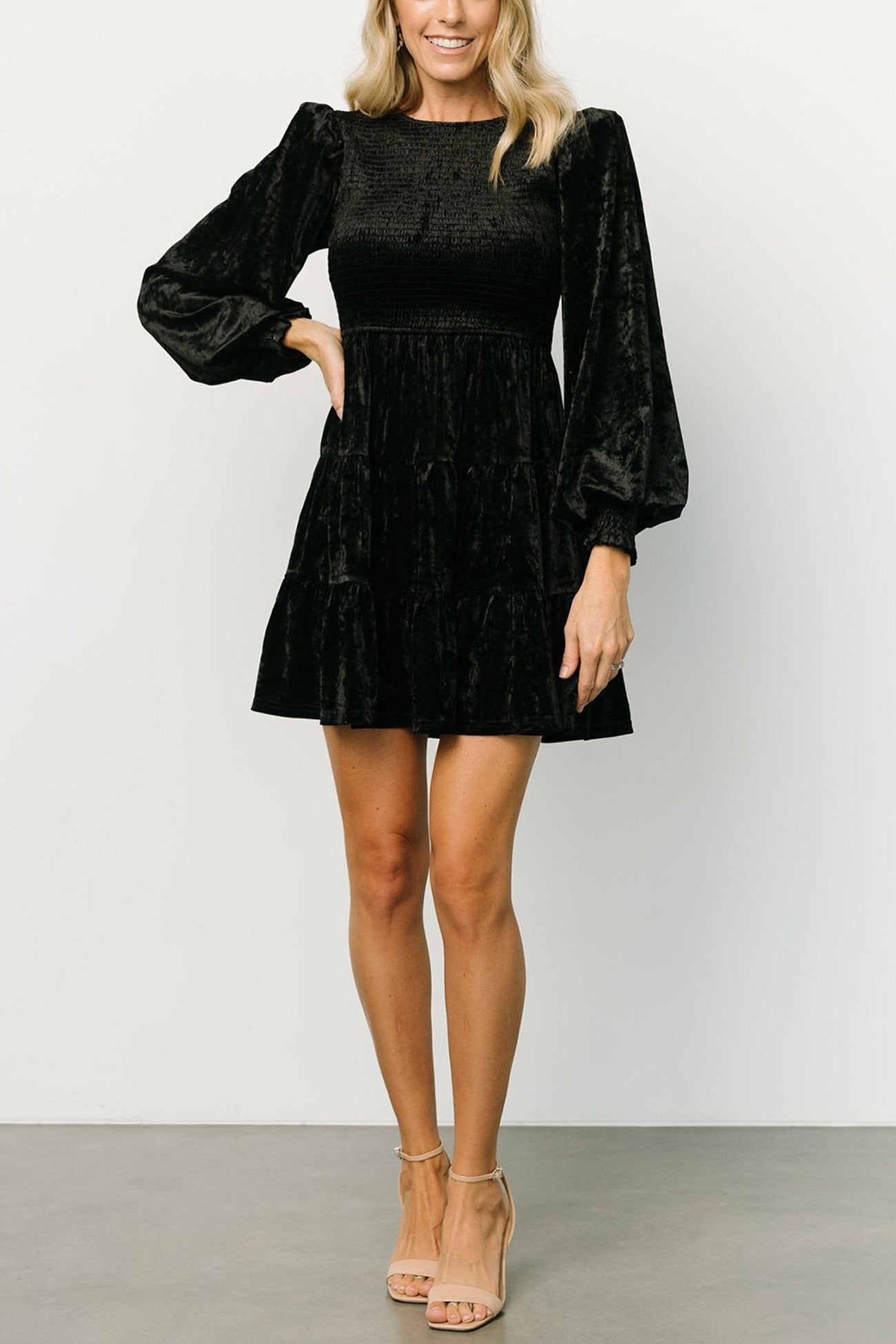 Suede Puff Sleeve Tiered Ruffle Dress