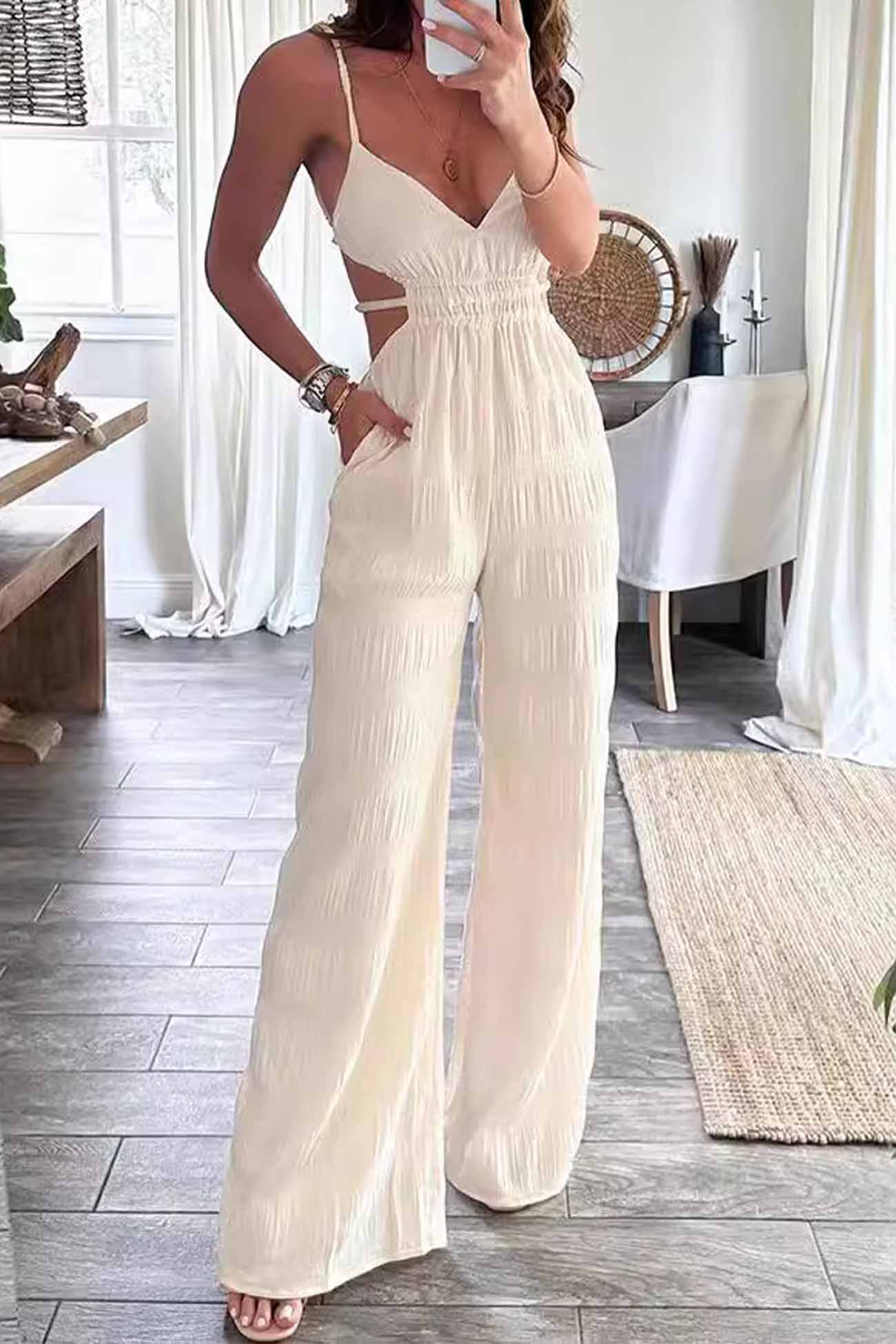 Textured Backless Spaghetti Straps Jumpsuits