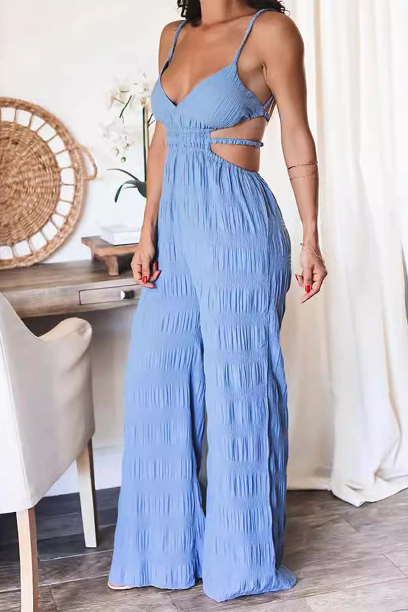 Textured Backless Spaghetti Straps Jumpsuits