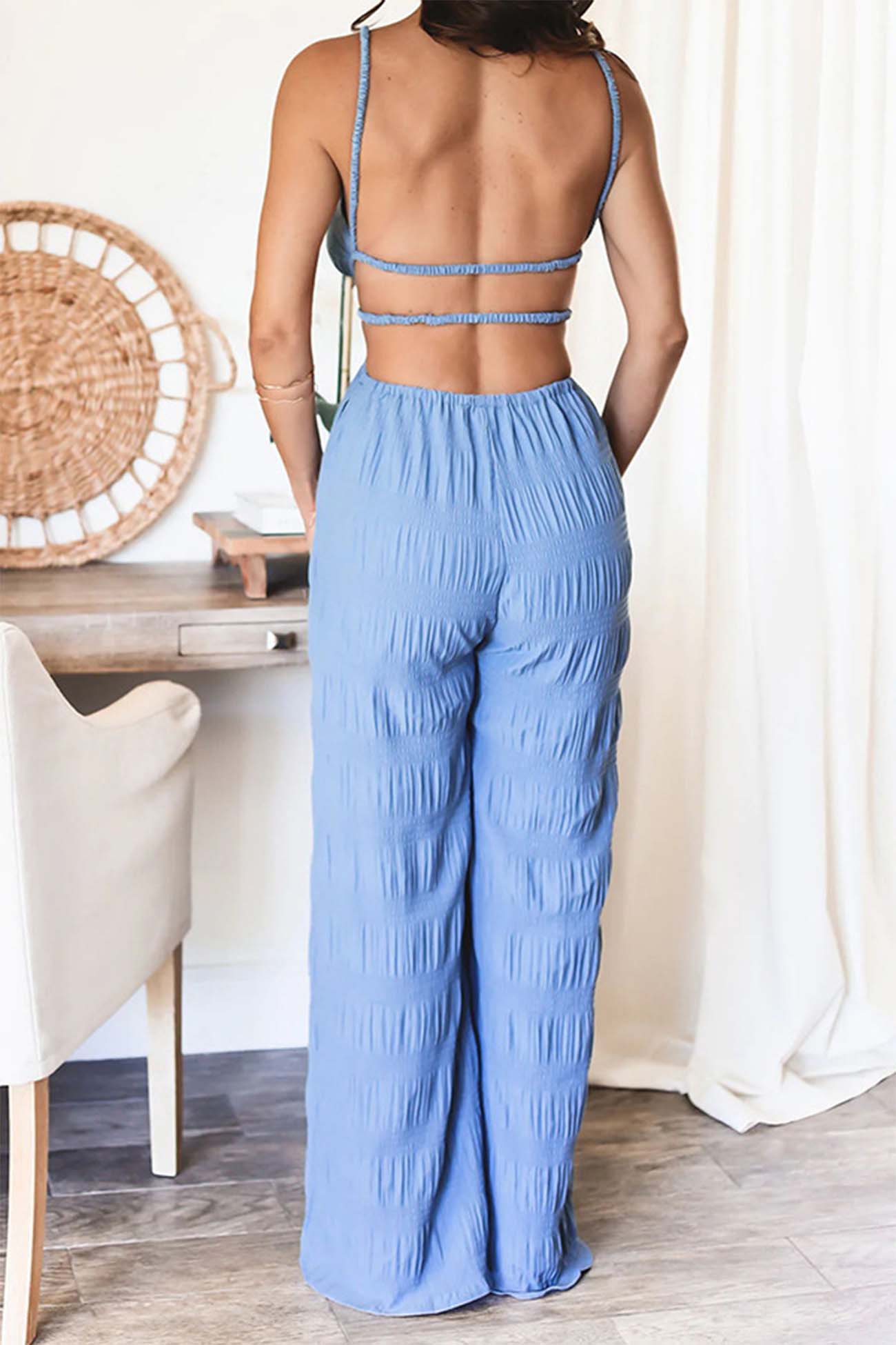 Textured Backless Spaghetti Straps Jumpsuits