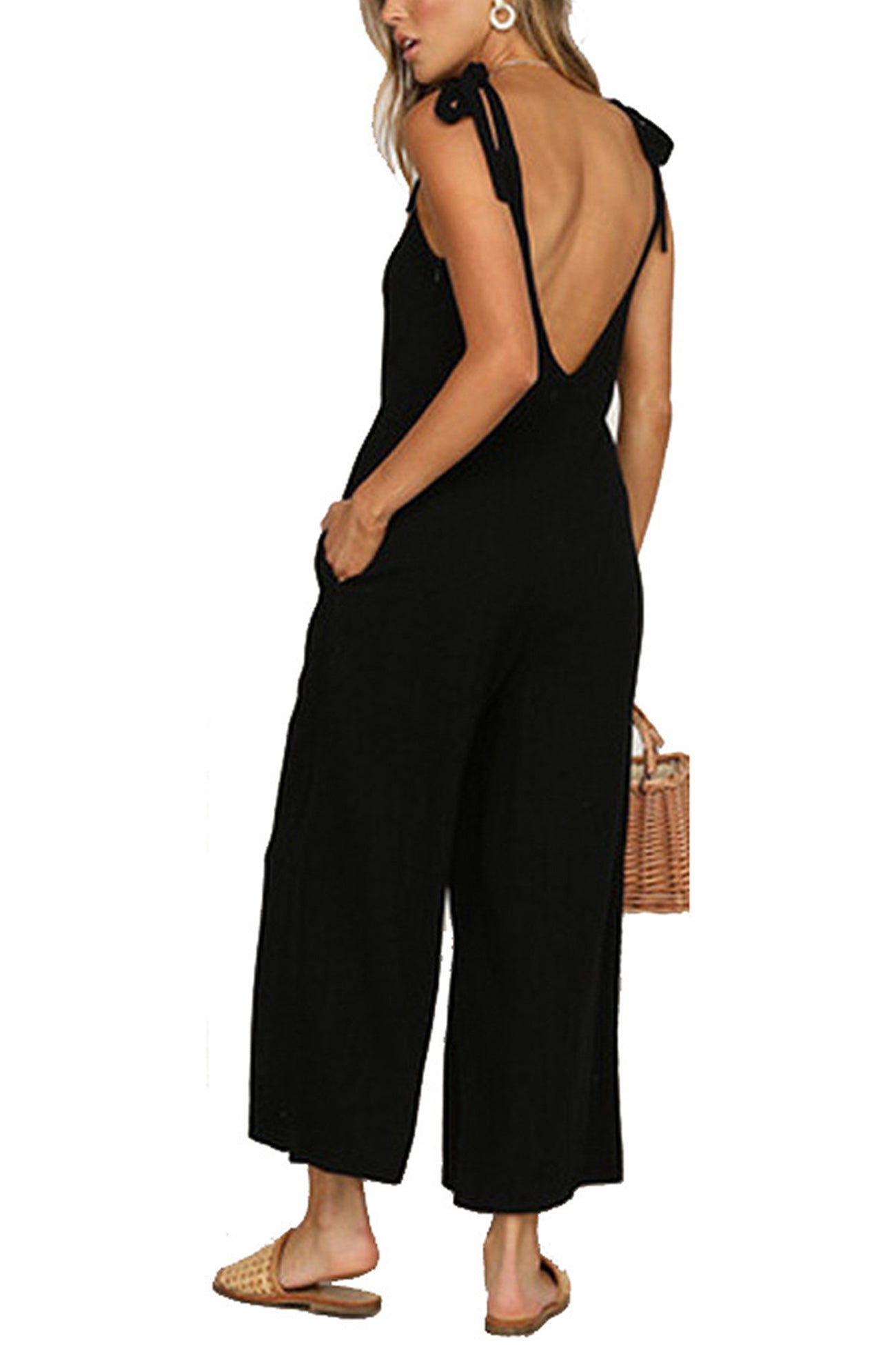 Tie-straps Backless Pocketed Cotton Jumpsuits