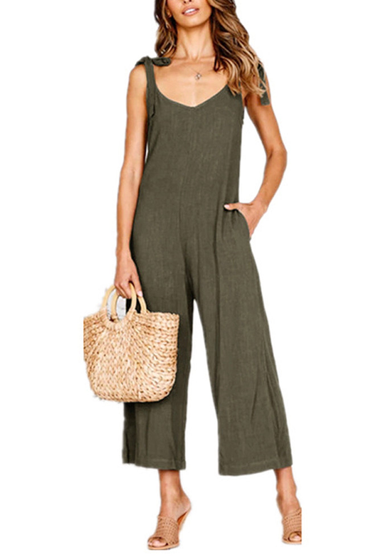 Tie-straps Backless Pocketed Cotton Jumpsuits