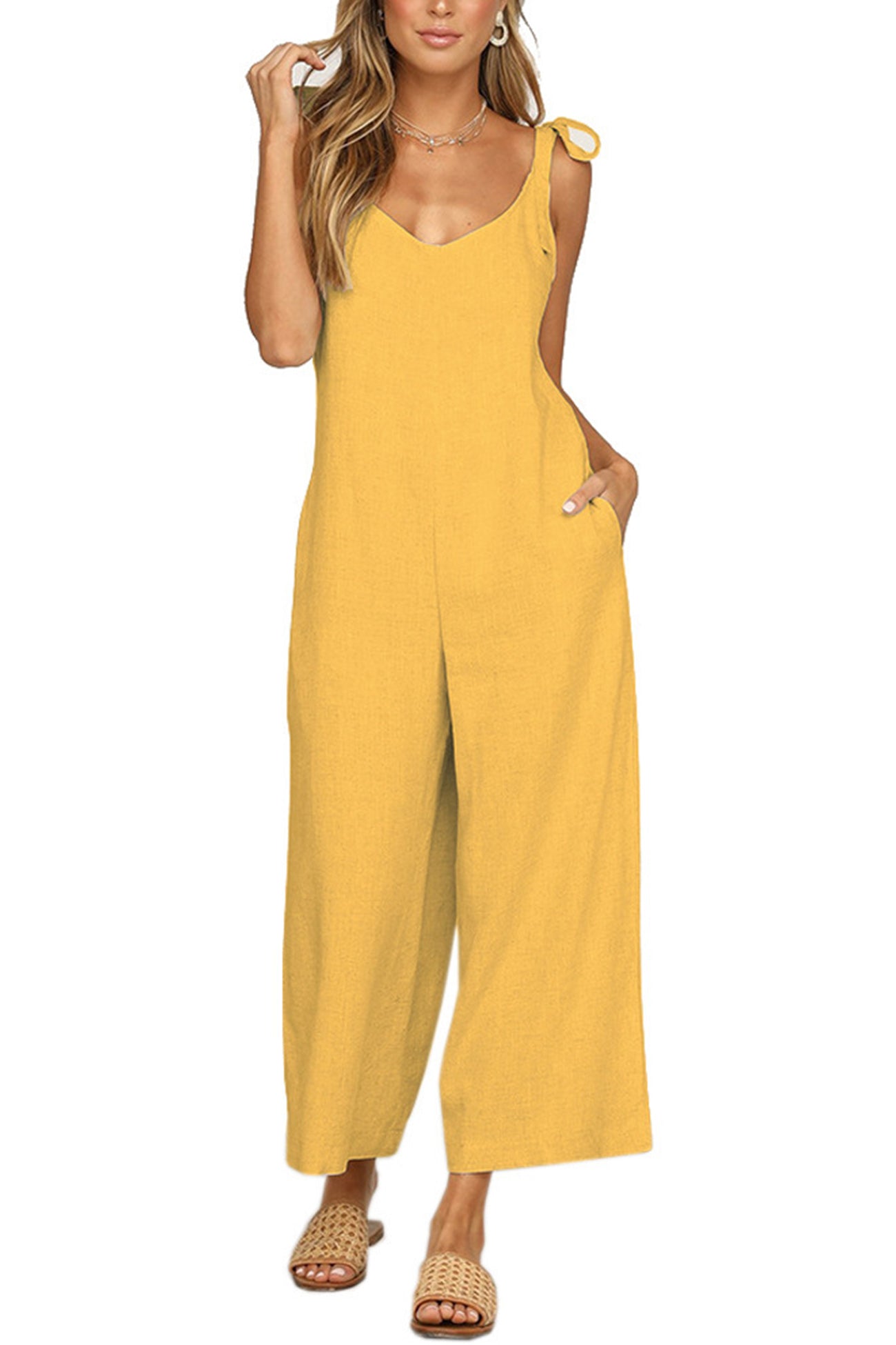 Tie-straps Backless Pocketed Cotton Jumpsuits