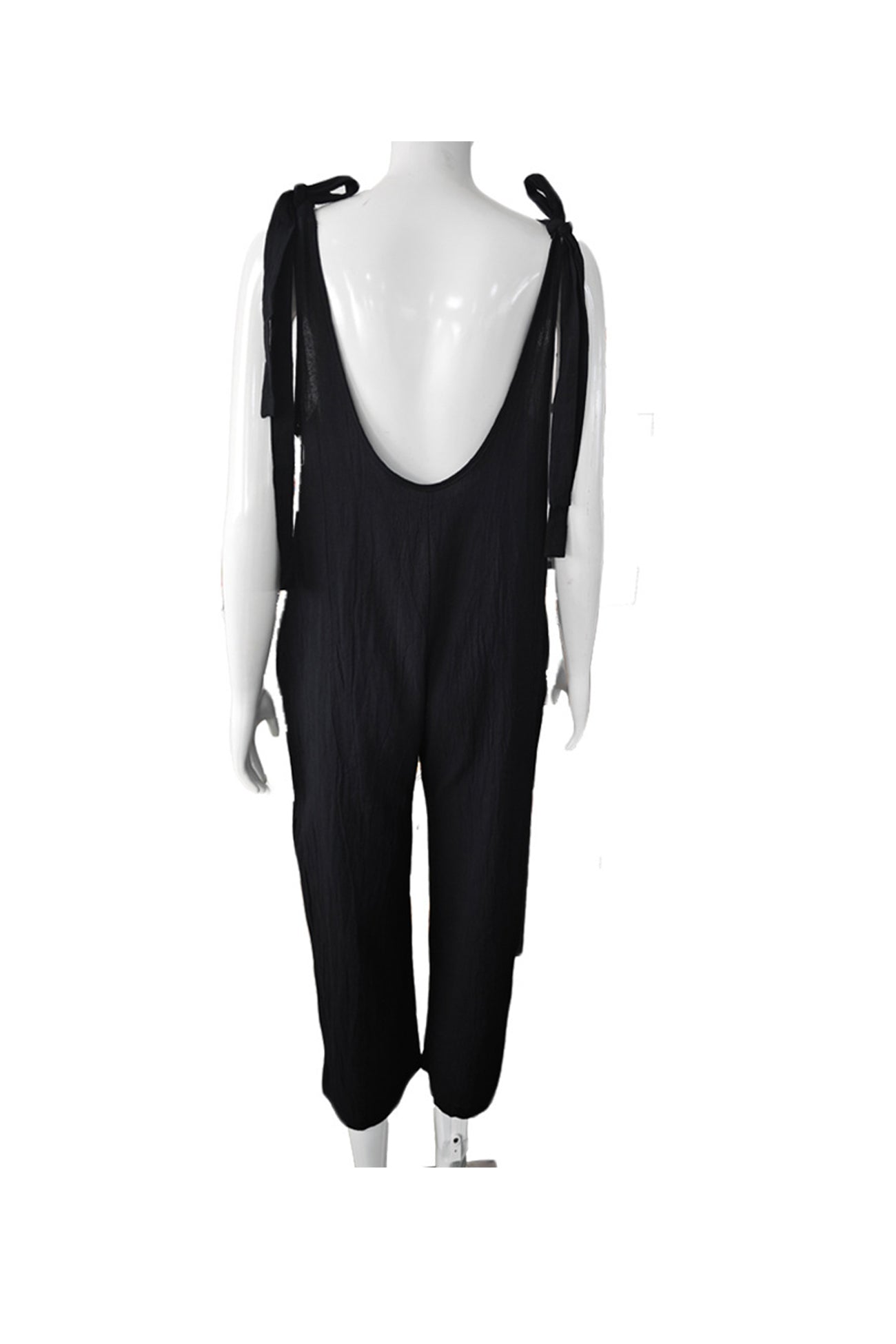 Tie-straps Backless Pocketed Cotton Jumpsuits