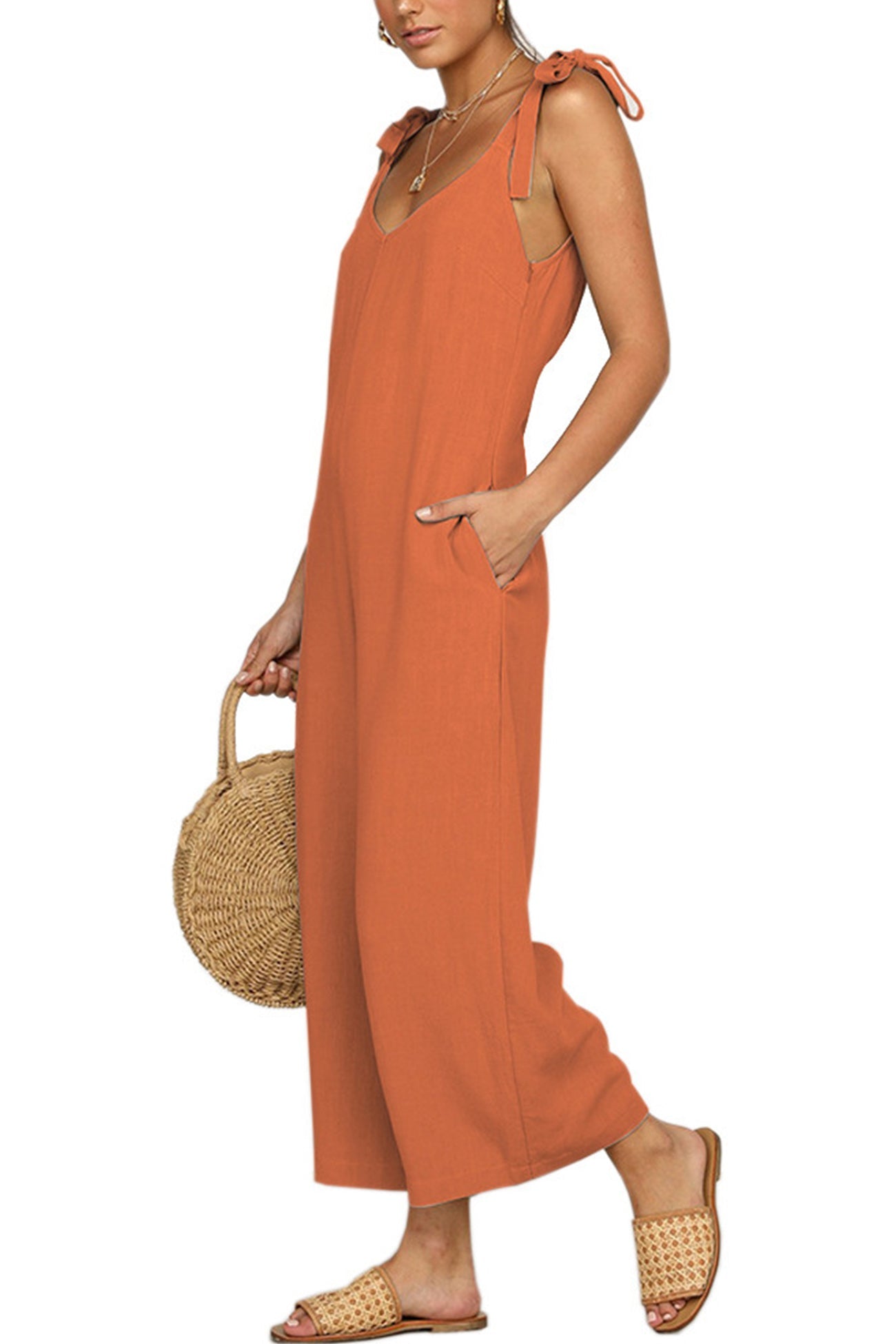 Tie-straps Backless Pocketed Cotton Jumpsuits